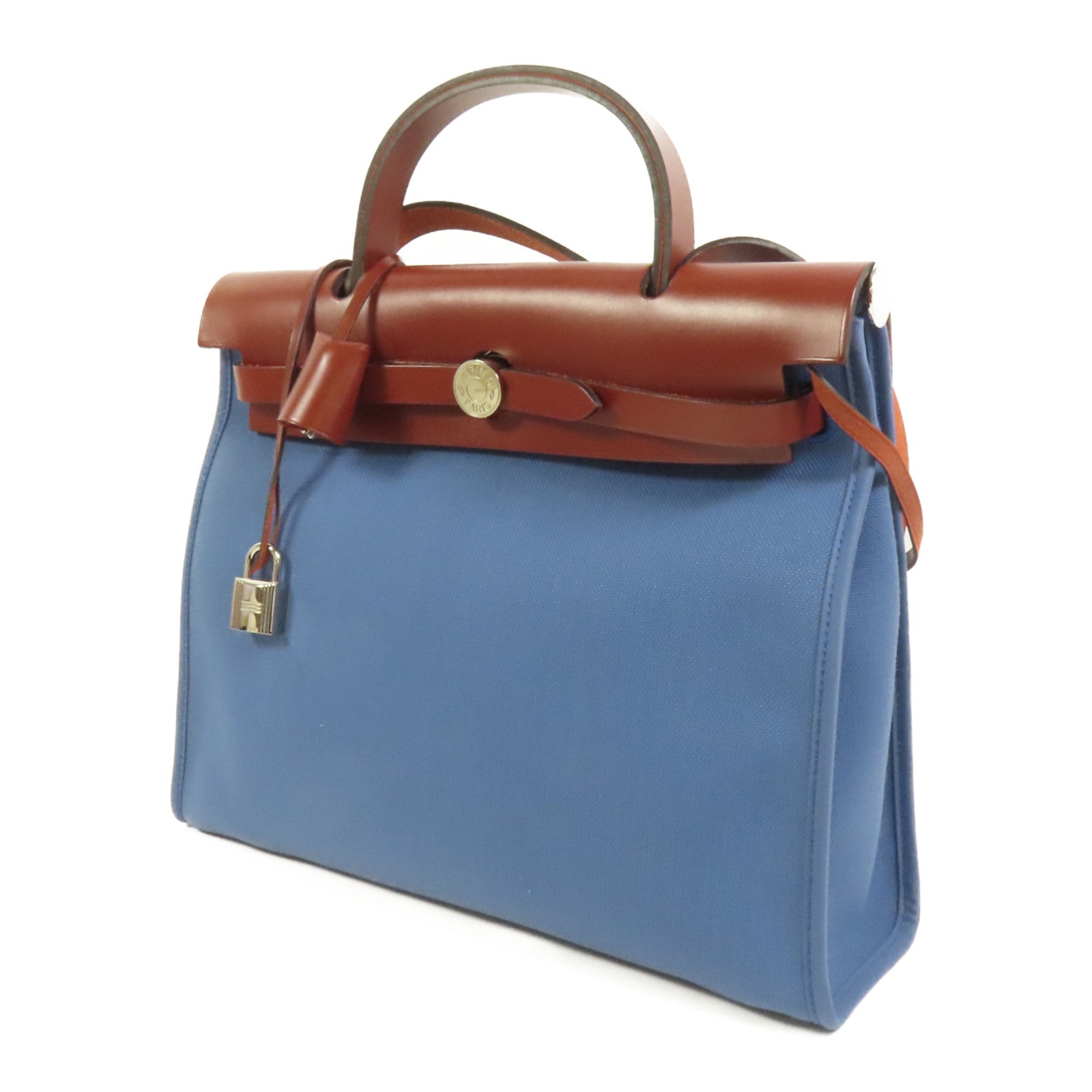 HERMES 帆布Herbag PM銀扣手挽肩背兩用袋Blue Tempete