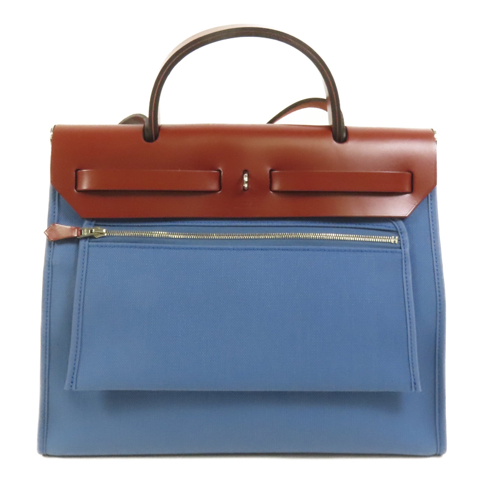 HERMES 帆布Herbag PM銀扣手挽肩背兩用袋Blue Tempete