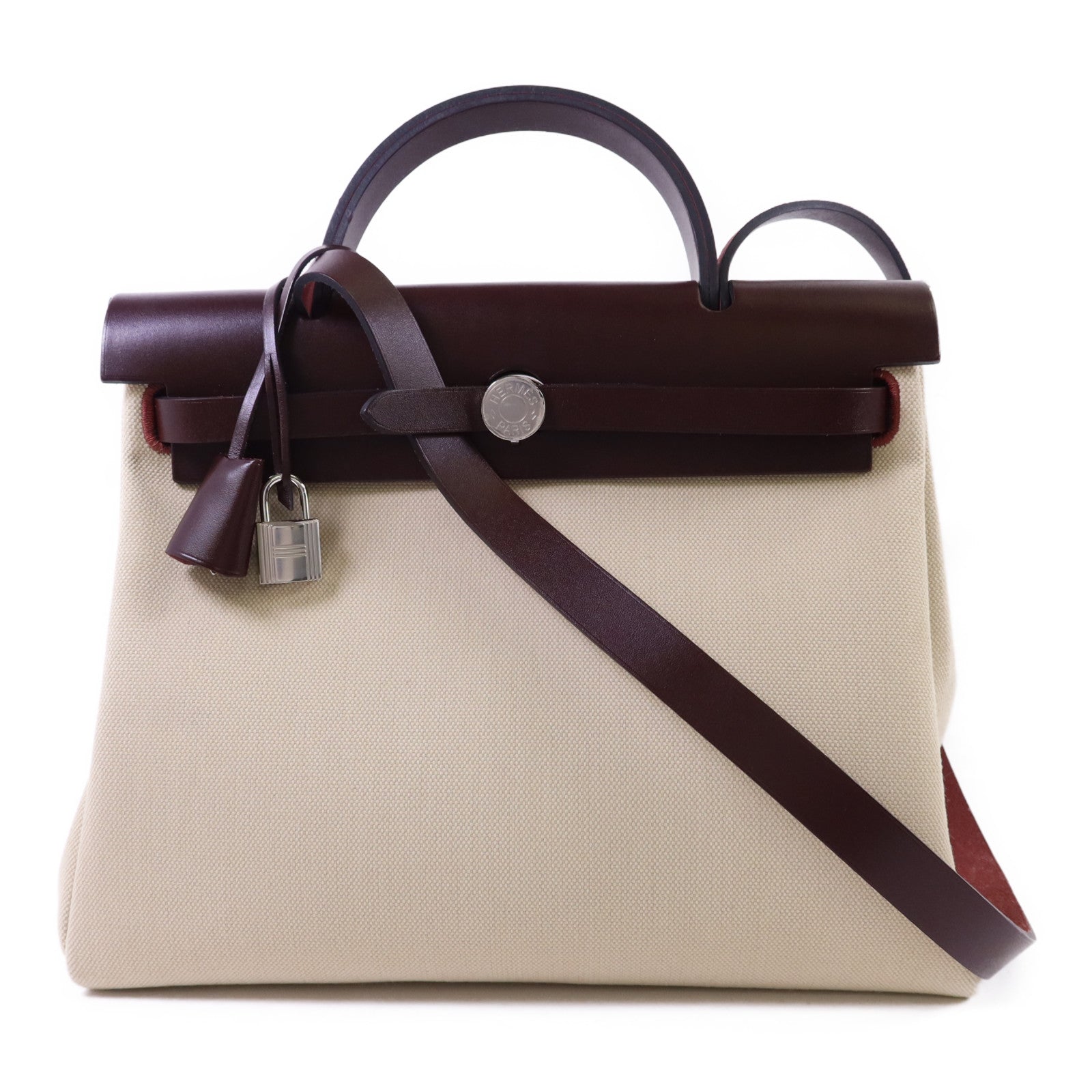 HERMES 帆布Herbag PM銀扣手挽肩背兩用袋Beton//Rouge Sellier