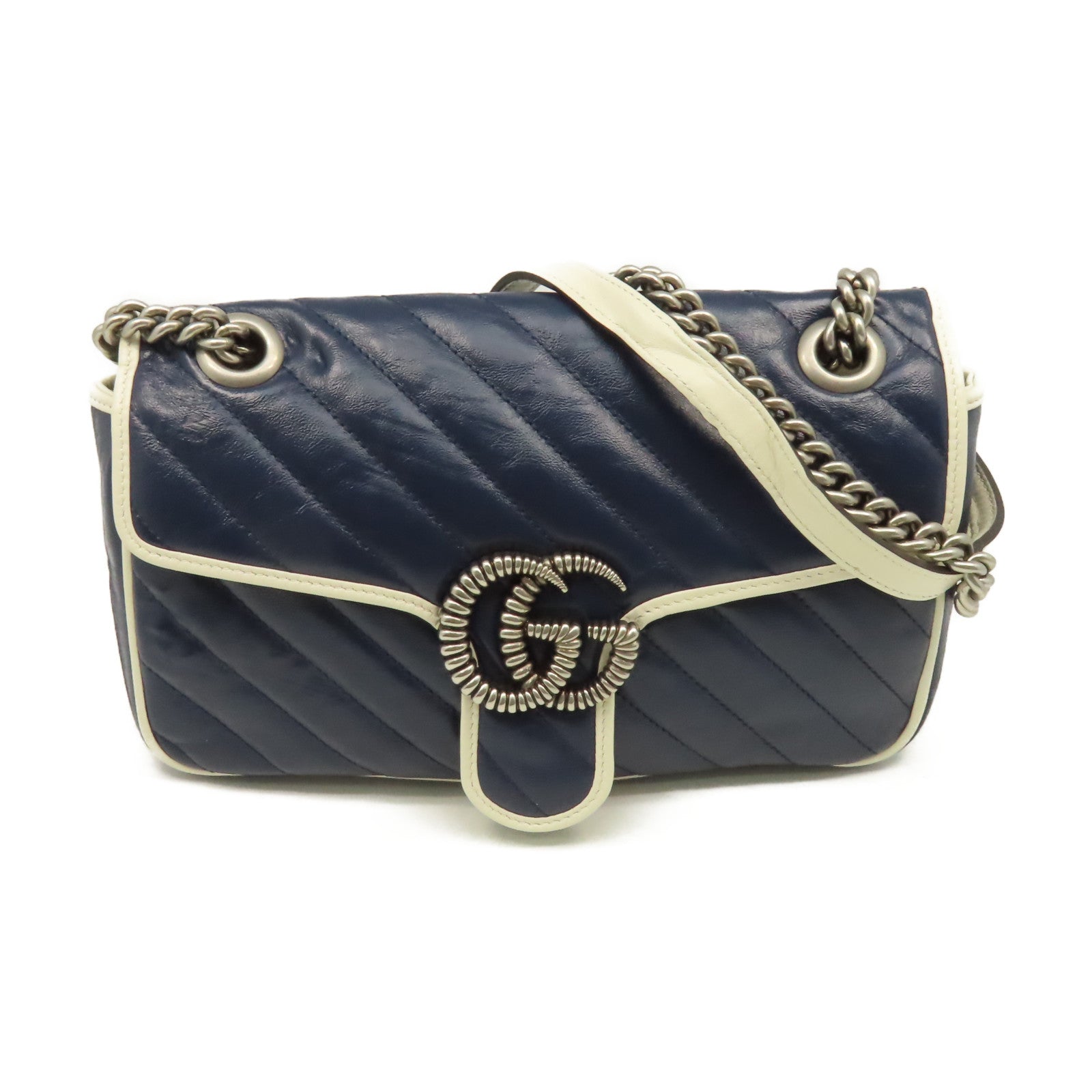 GUCCI 【激減優惠】牛皮皮革GG Marmont Small Shoulder Bag鏈帶肩背袋寶藍色/米白色