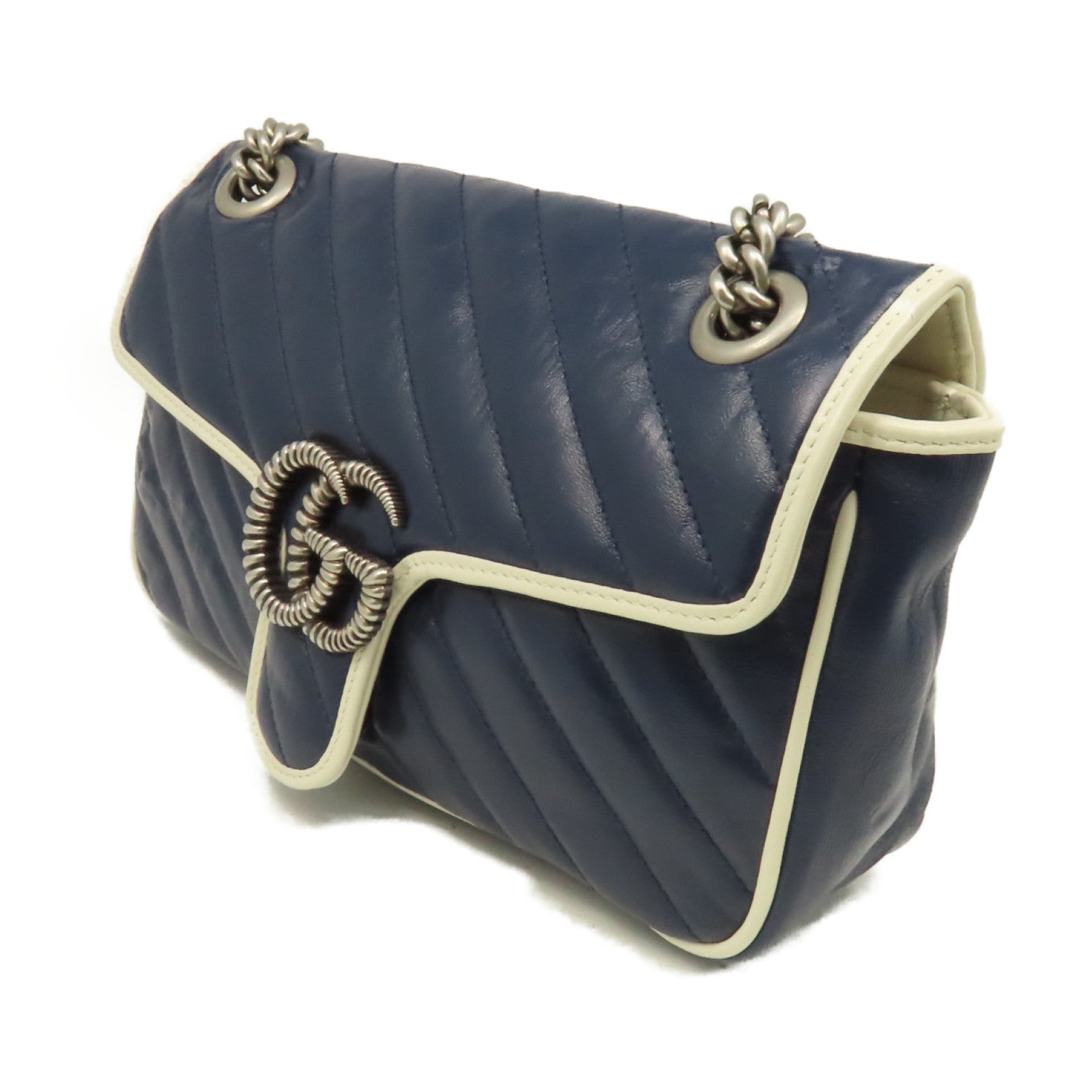 GUCCI 【激減優惠】牛皮皮革GG Marmont Small Shoulder Bag鏈帶肩背袋寶藍色/米白色