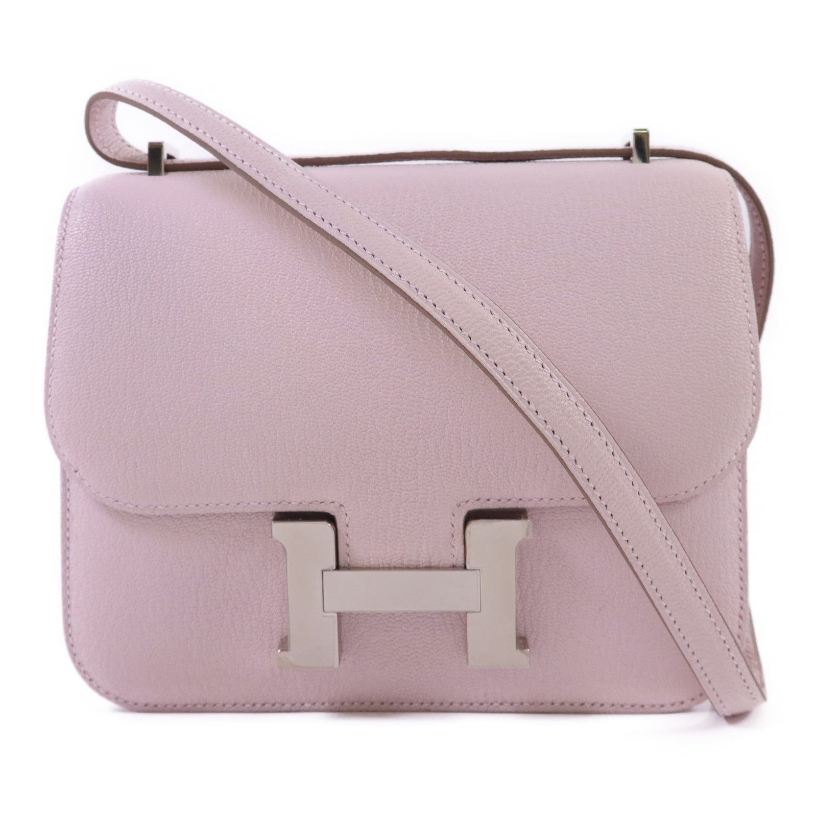 HERMES Chevre皮革Constance Mini銀扣肩背袋Mauve Pale