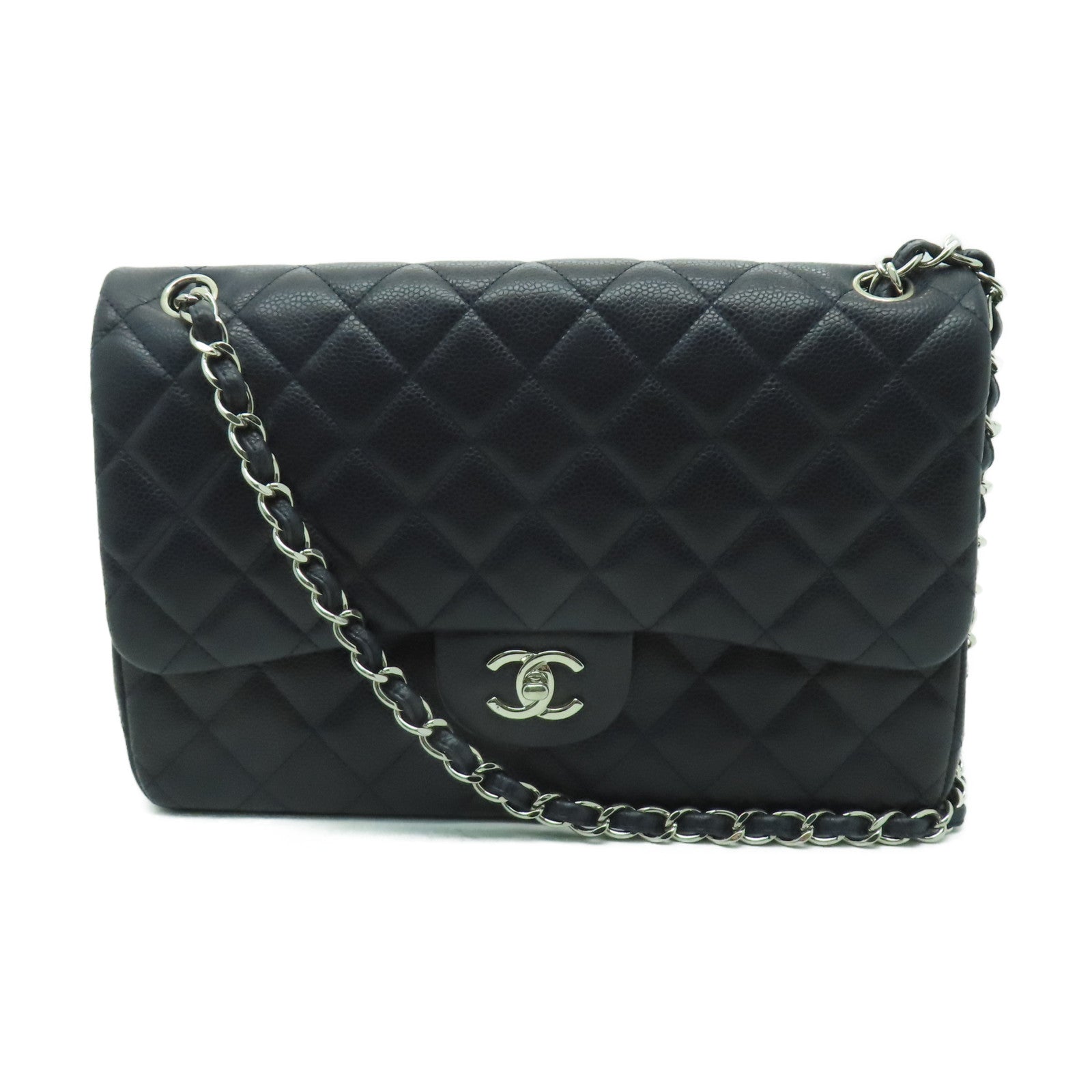 CHANEL 【激減優惠】菱格Caviar皮革Jumbo銀扣鏈帶肩背袋深藍色