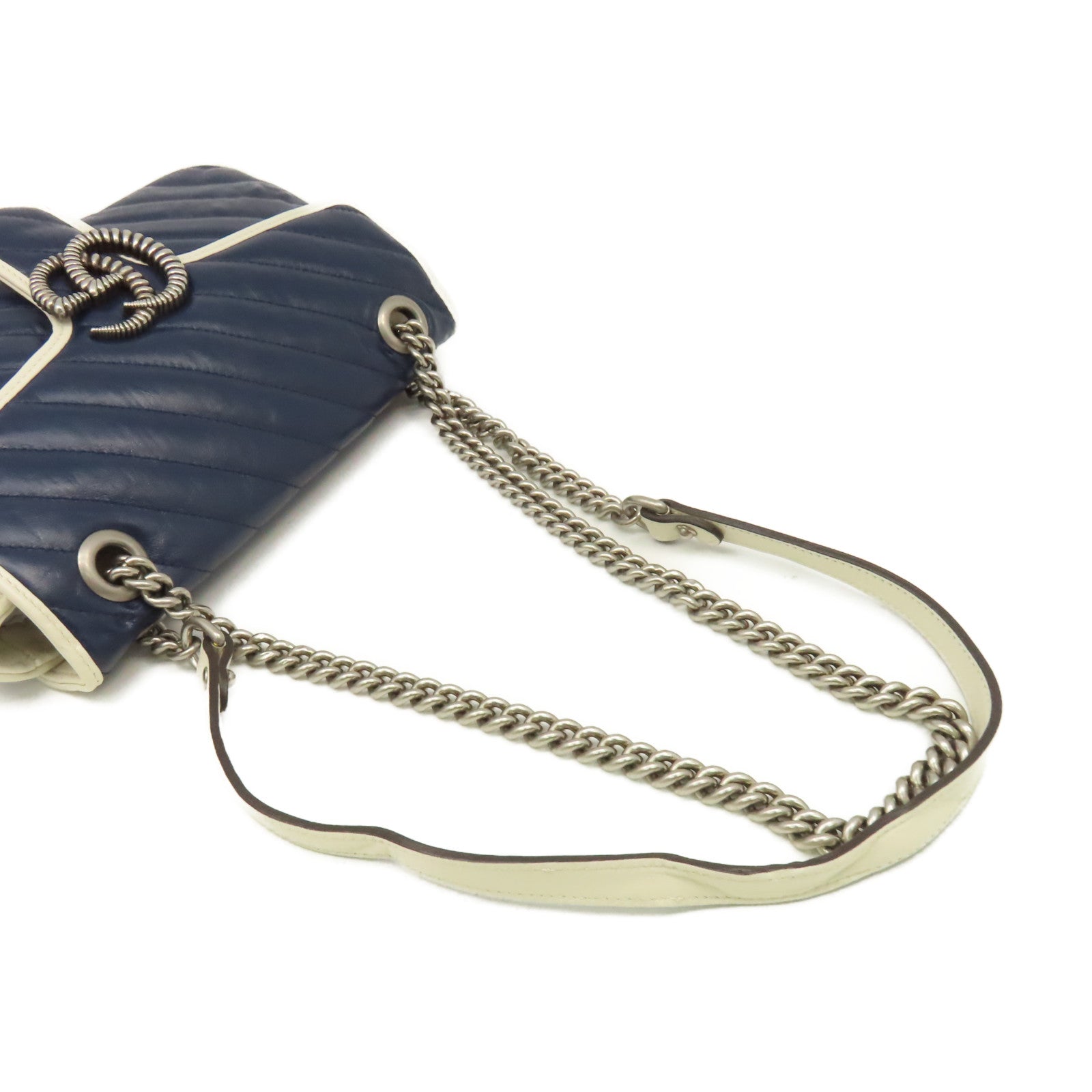 GUCCI 【激減優惠】牛皮皮革GG Marmont Small Shoulder Bag鏈帶肩背袋寶藍色/米白色