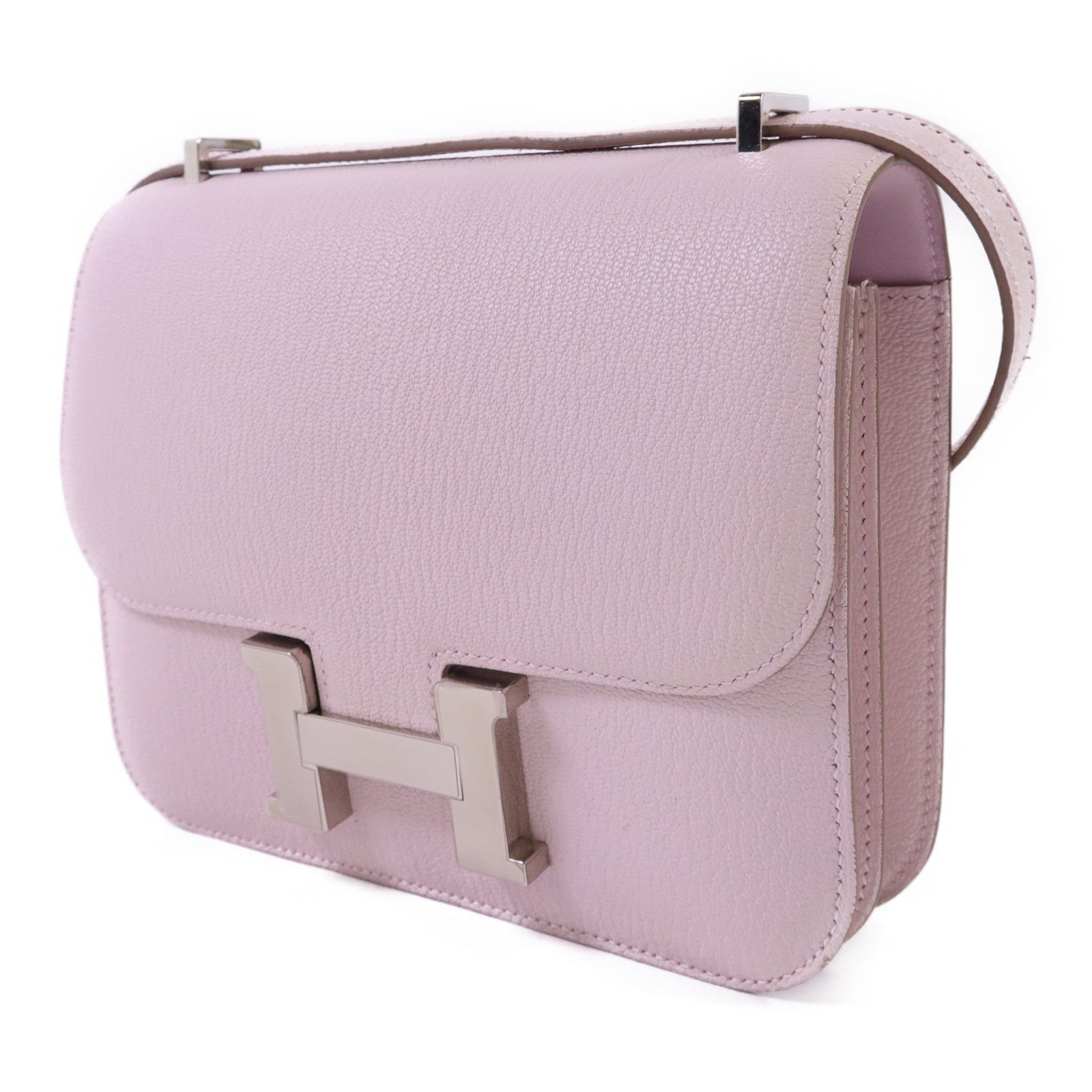HERMES Chevre皮革Constance Mini銀扣肩背袋Mauve Pale