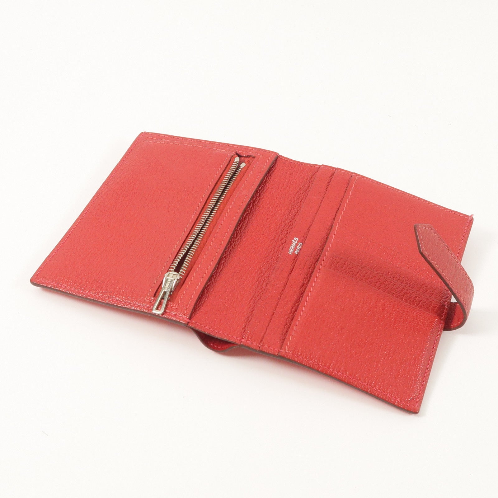 HERMES Chevre皮革Bearn Compact Wallet錢包Rose Lipstick/Rouge Casaque