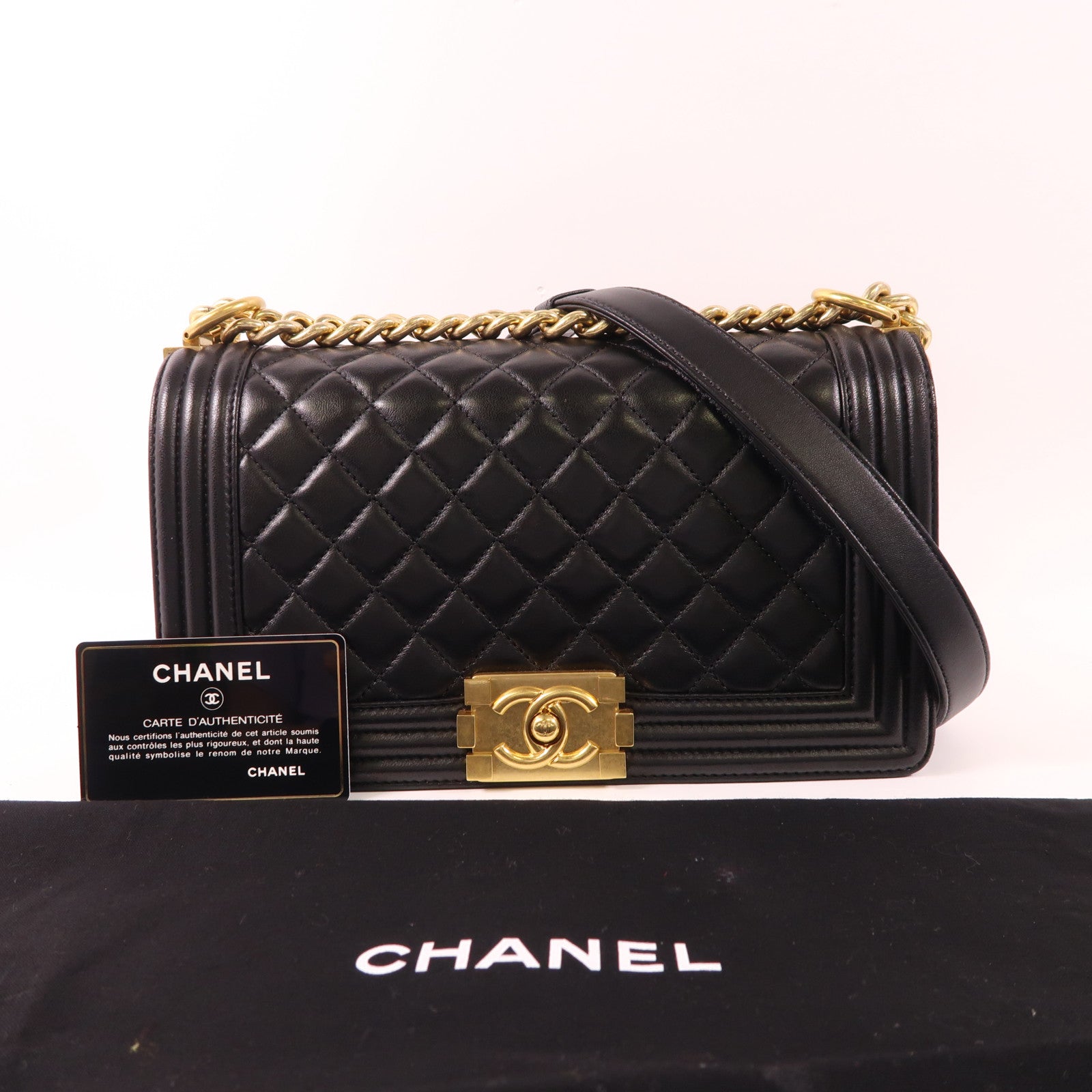 CHANEL 牛皮皮革Boy 25金扣鏈帶肩背袋