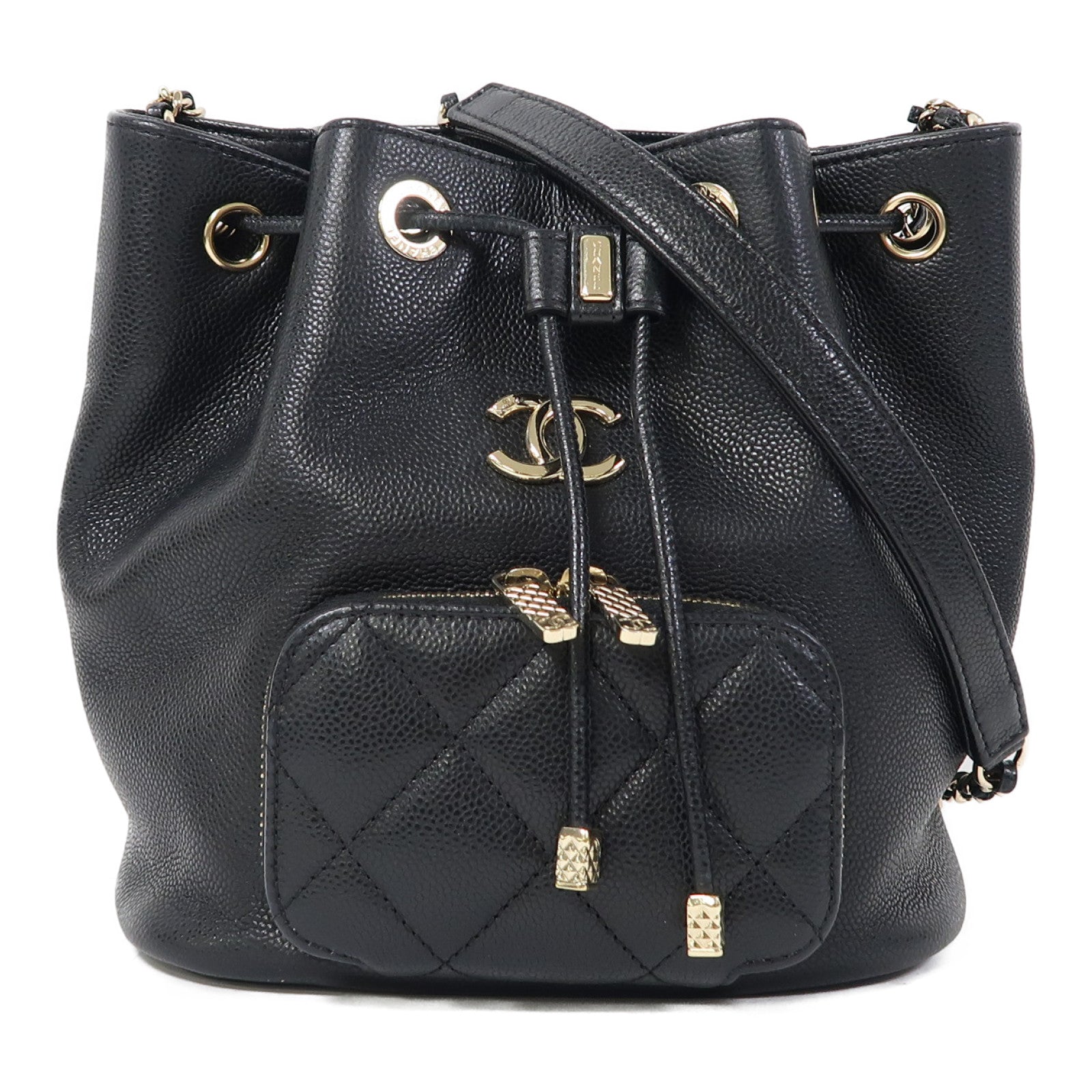 CHANEL Caviar皮革Chain Shoulder Bag金扣鏈帶肩背袋黑色