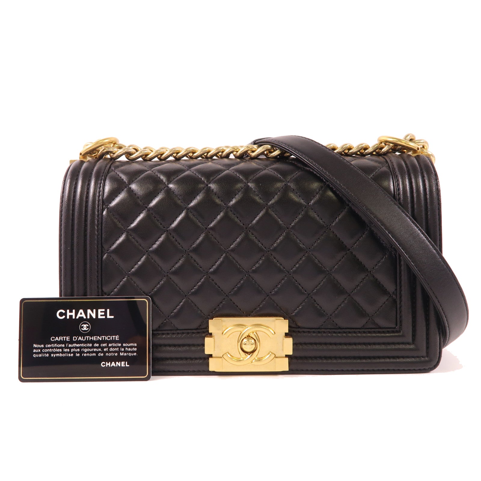 CHANEL 牛皮皮革Boy 25金扣鏈帶肩背袋