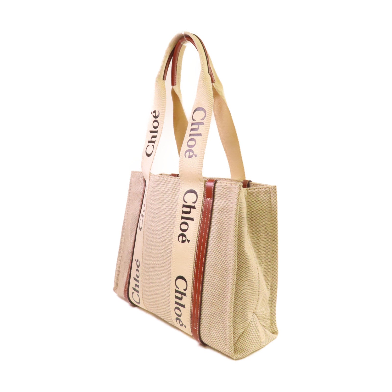 Chloe 帆布Woody Tote Medium Bag肩背袋杏色/啡色