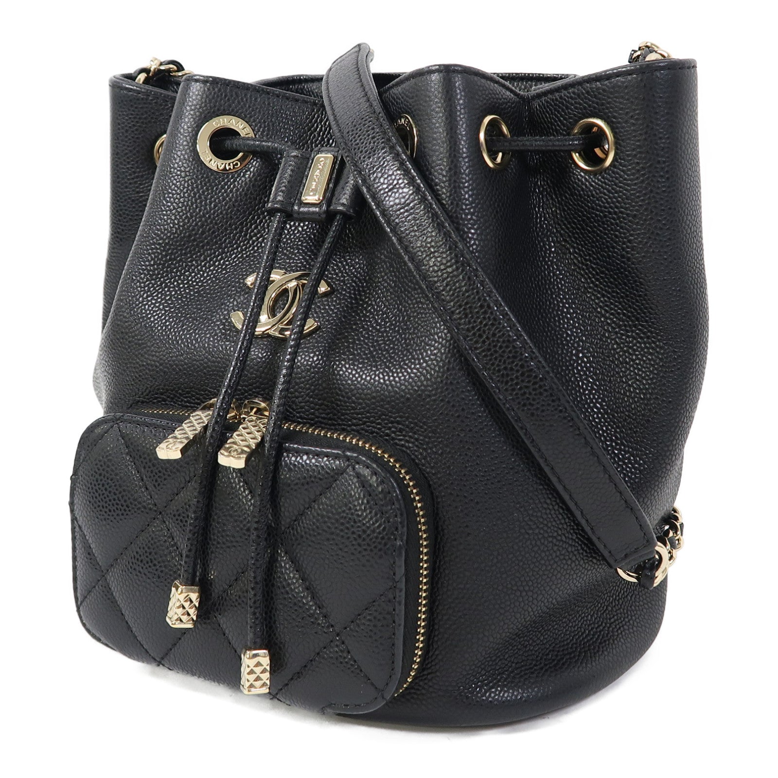 CHANEL Caviar皮革Chain Shoulder Bag金扣鏈帶肩背袋黑色