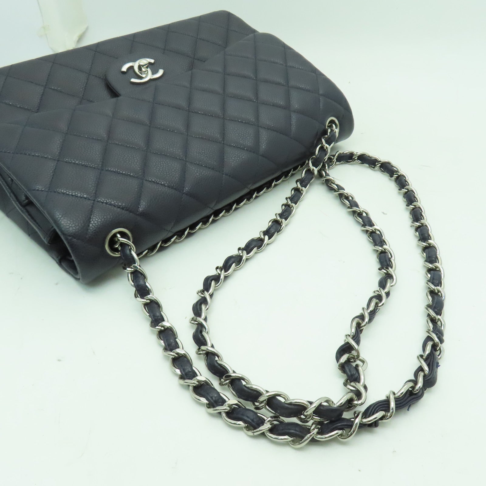 CHANEL 【激減優惠】菱格Caviar皮革Jumbo銀扣鏈帶肩背袋深藍色