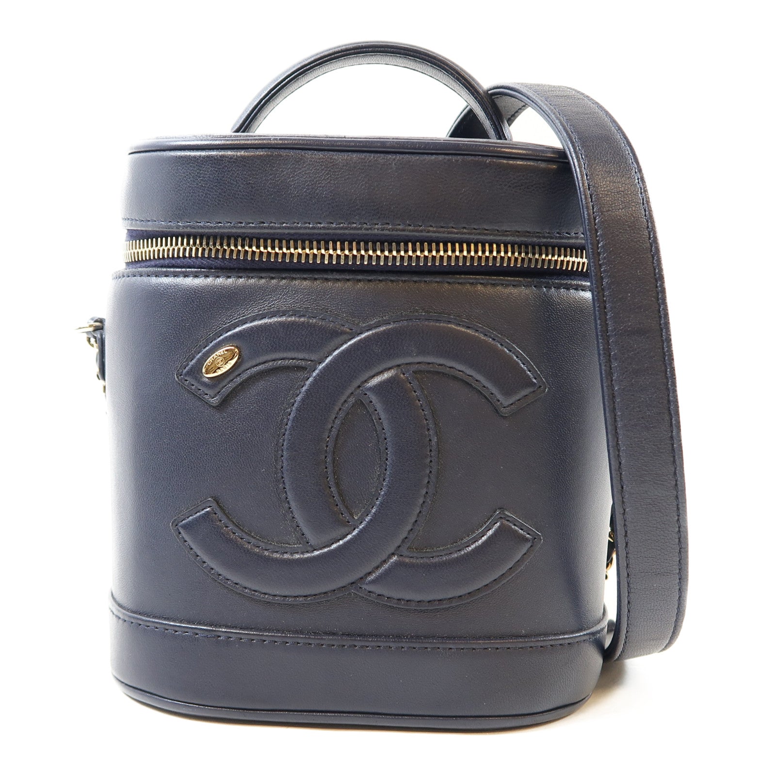 CHANEL 【激減優惠】羊皮皮革Vanity Case銀扣鏈帶手挽肩背兩用袋深藍色