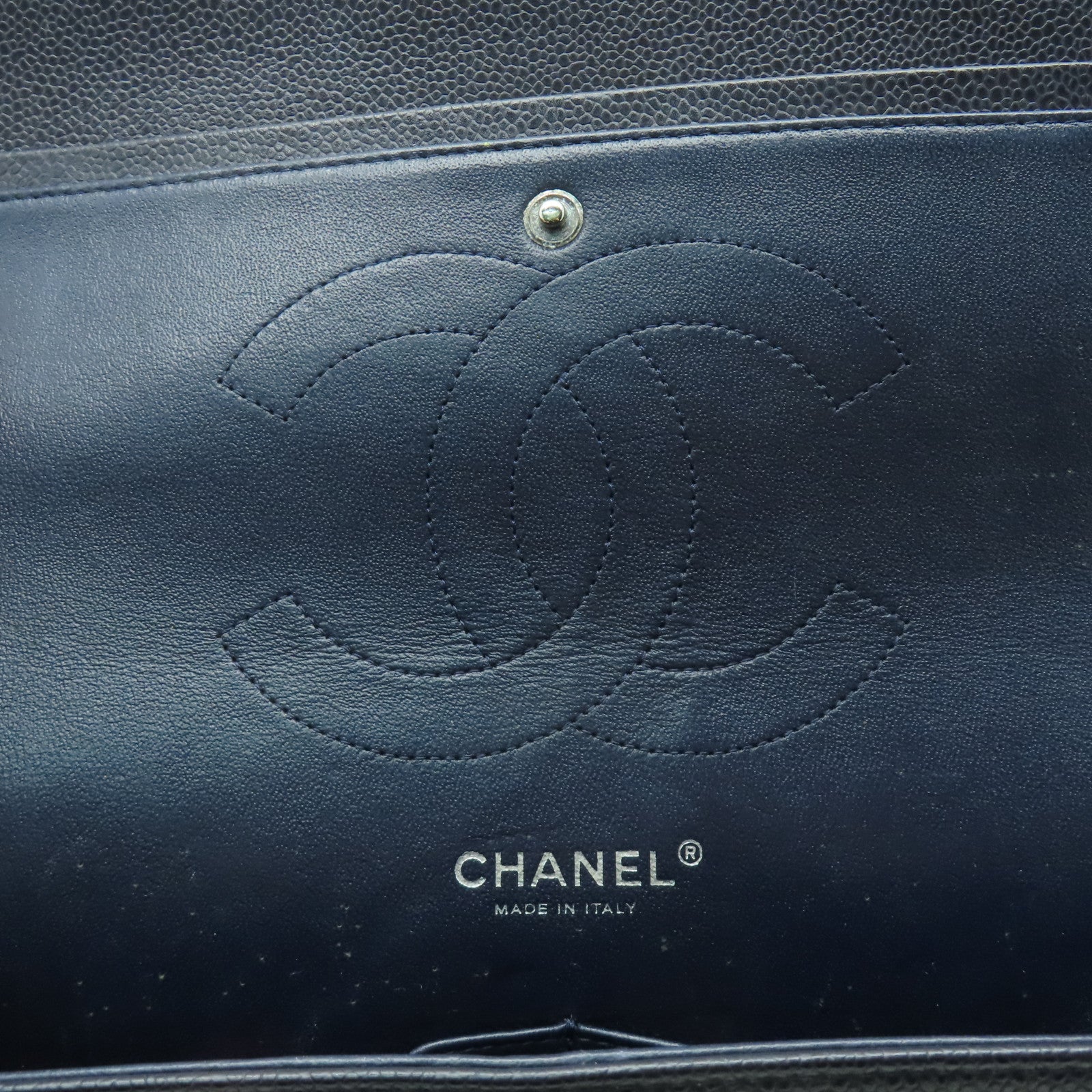 CHANEL 【激減優惠】菱格Caviar皮革Jumbo銀扣鏈帶肩背袋深藍色