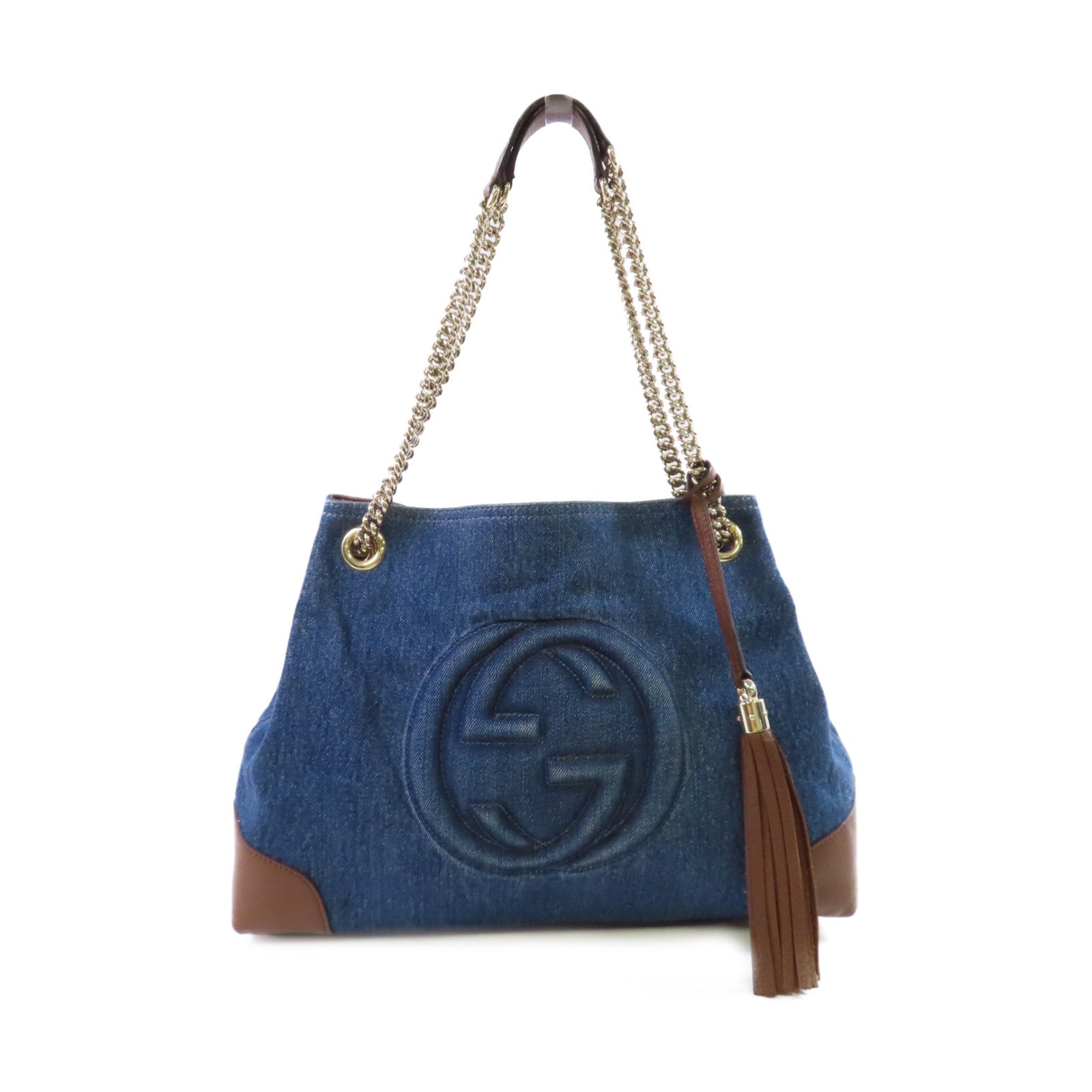 GUCCI 牛仔布Soho Pebbled Chain Shoulder Bag金扣肩背袋藍色/啡色