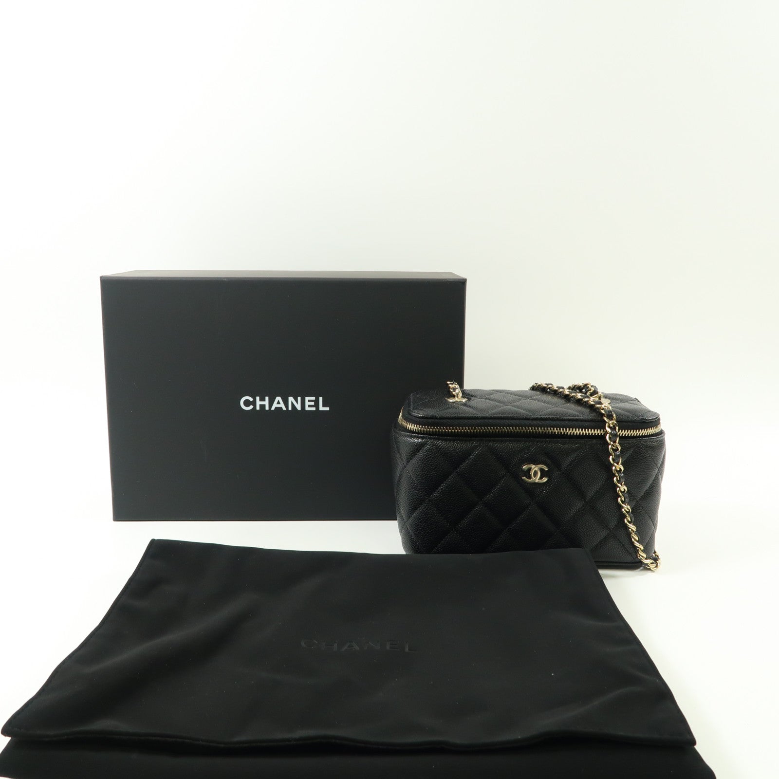 CHANEL 牛皮皮革Vanity Case金扣鏈帶肩背袋黑色