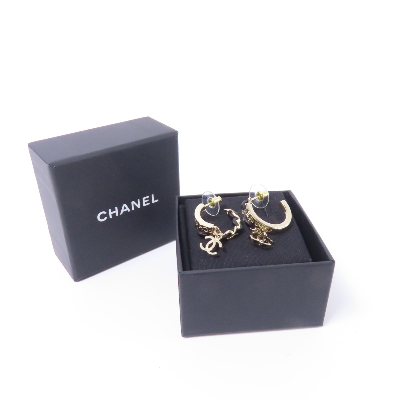 CHANEL 皮革/金屬Earrings耳環金色/黑色