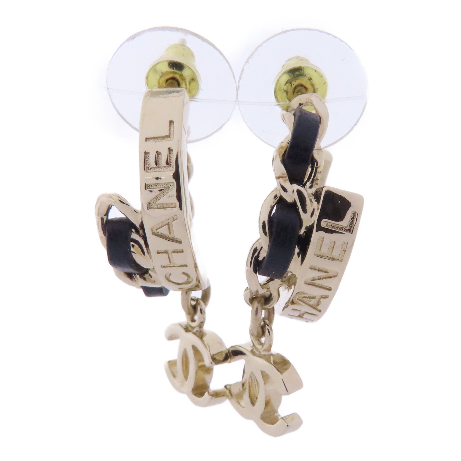 CHANEL 皮革/金屬Earrings耳環金色/黑色