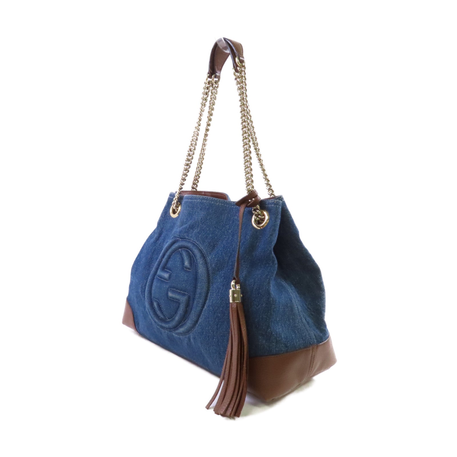 GUCCI 牛仔布Soho Pebbled Chain Shoulder Bag金扣肩背袋藍色/啡色