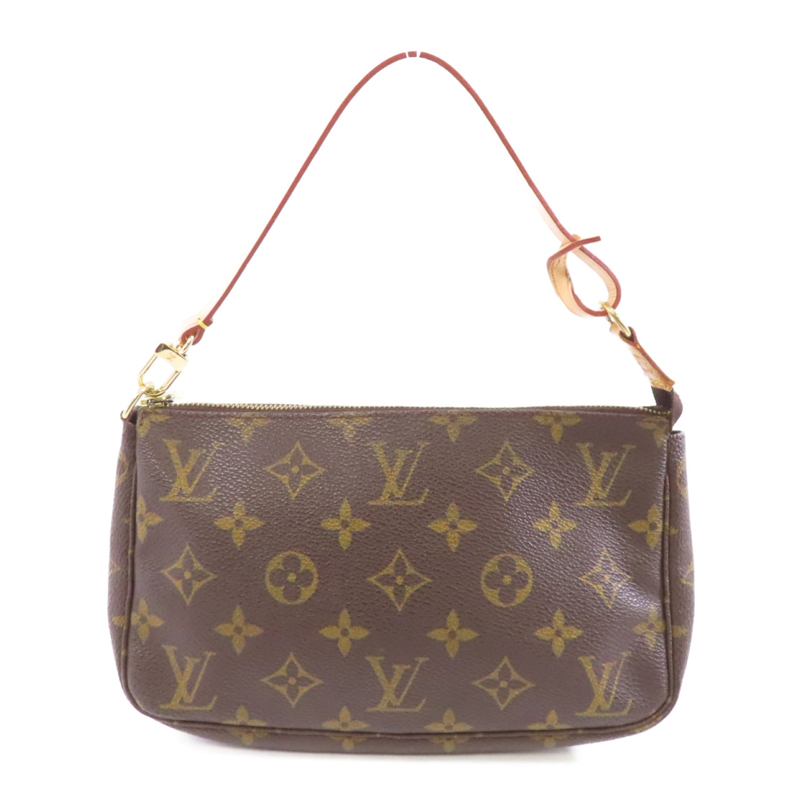 LOUIS VUITTON Monogram Pochette Accessoires金扣手挽袋棕色