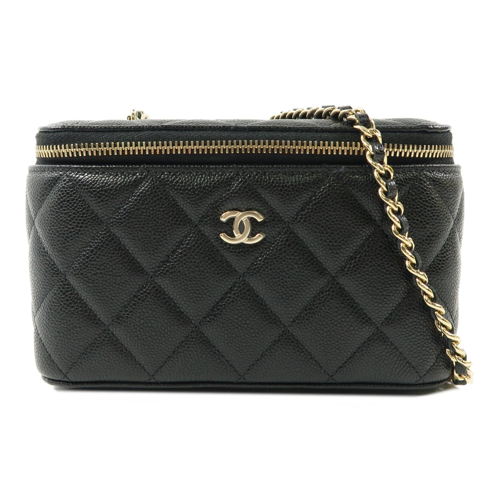 CHANEL 牛皮皮革Vanity Case金扣鏈帶肩背袋黑色