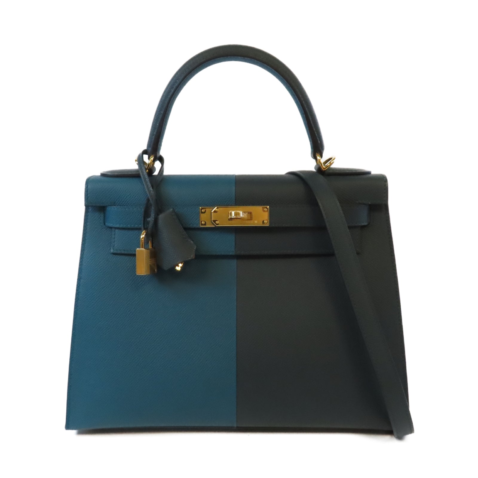HERMES Epsom皮革Kelly 28金扣手挽肩背兩用袋藍色/深藍色