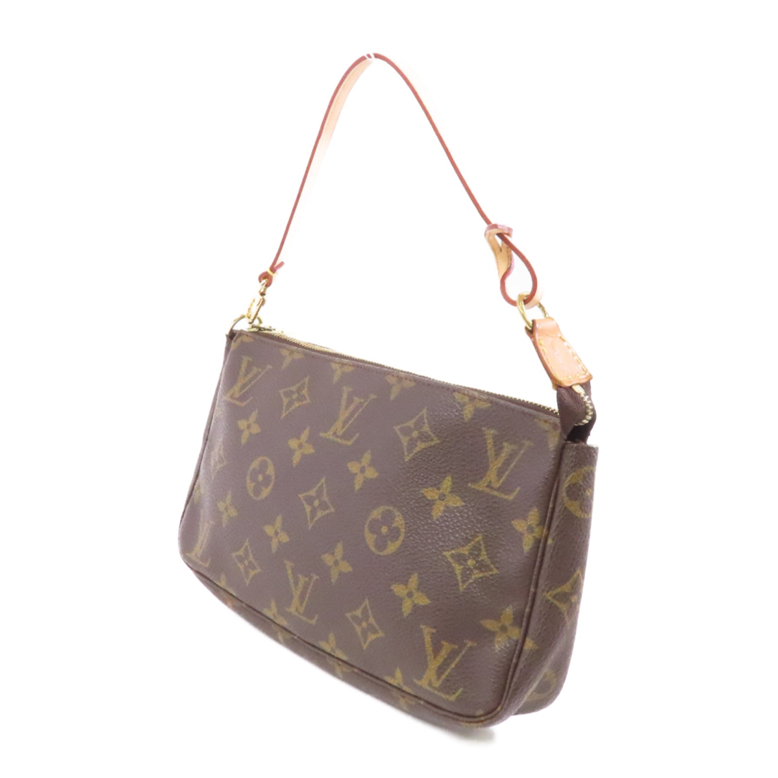 LOUIS VUITTON Monogram Pochette Accessoires金扣手挽袋棕色