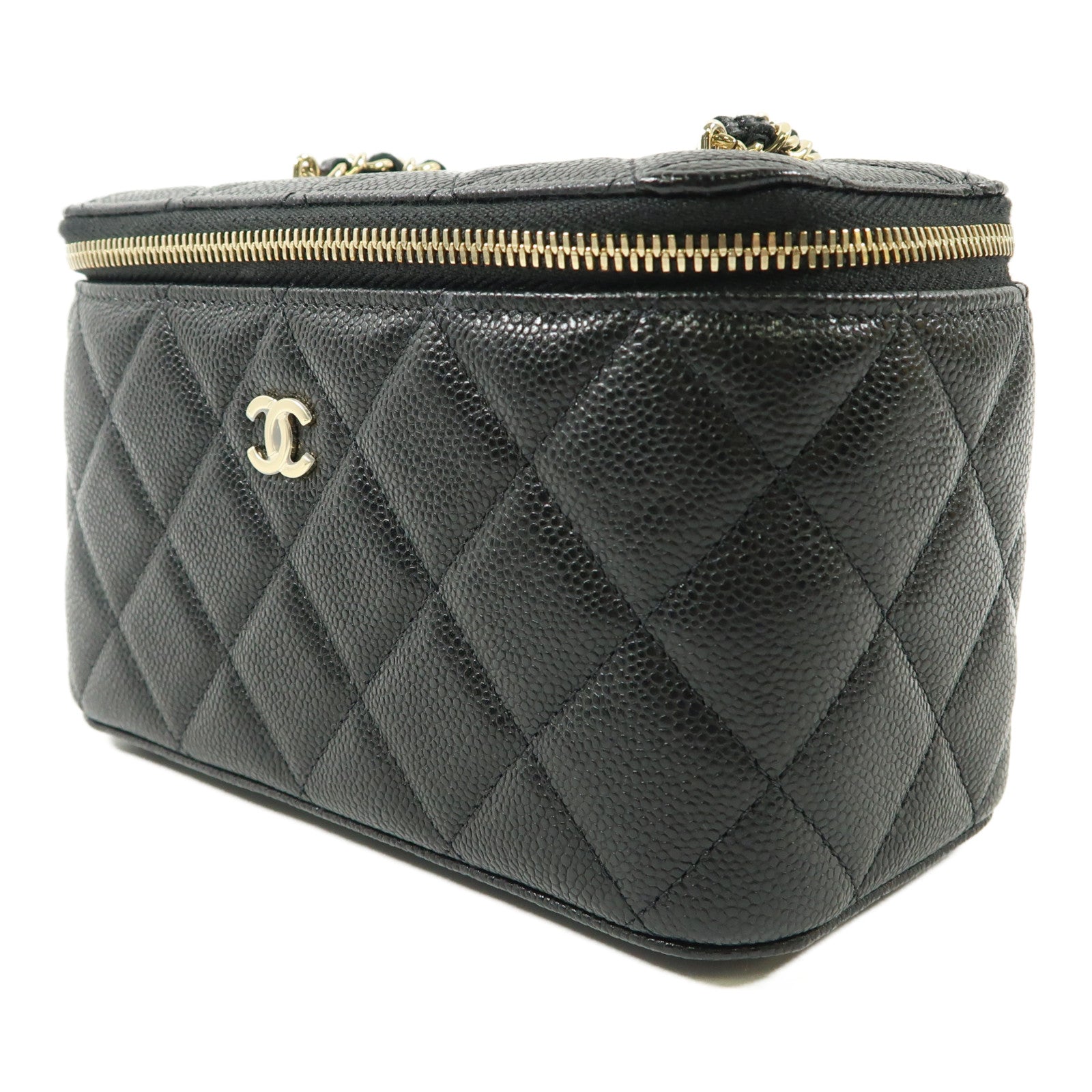 CHANEL 牛皮皮革Vanity Case金扣鏈帶肩背袋黑色