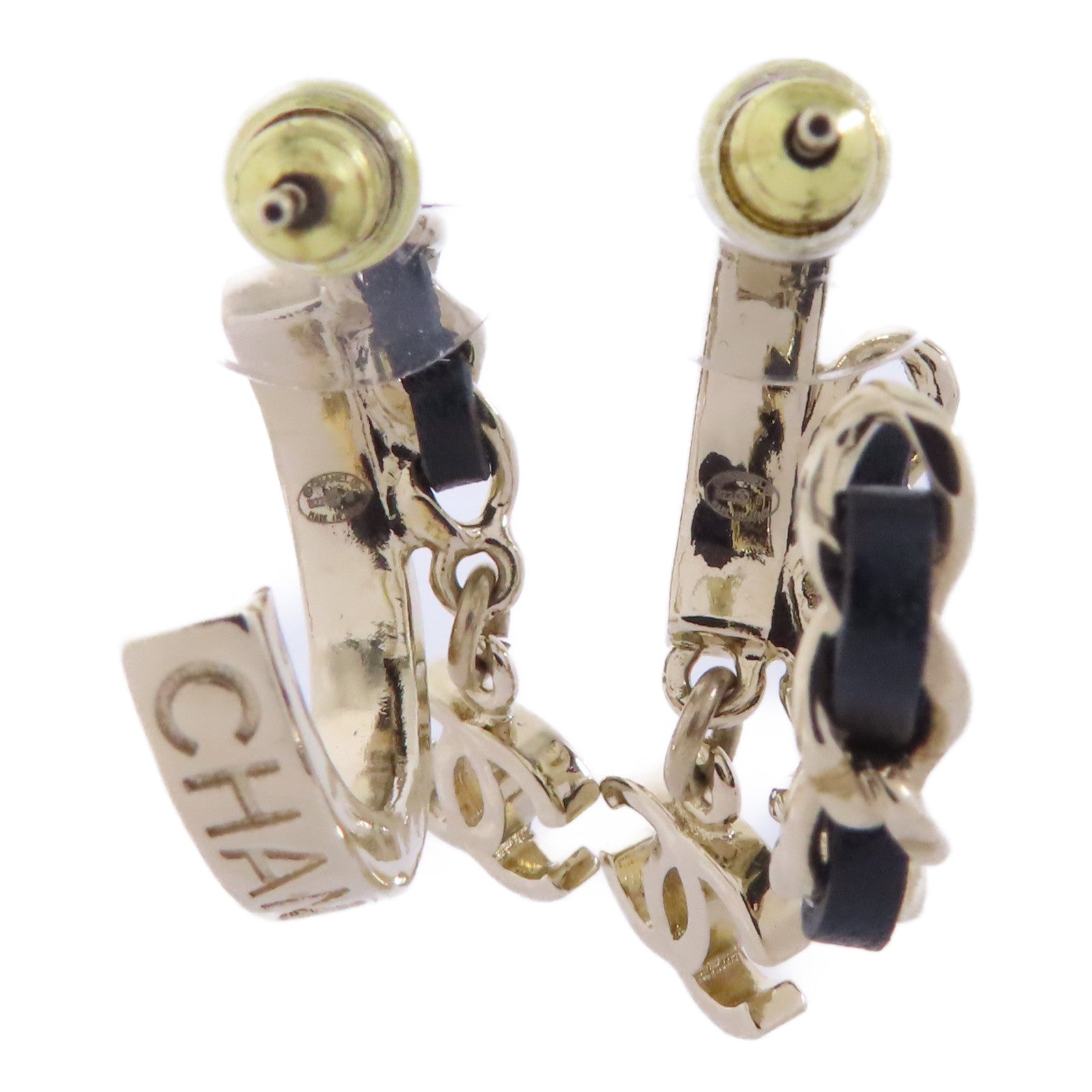 CHANEL 皮革/金屬Earrings耳環金色/黑色