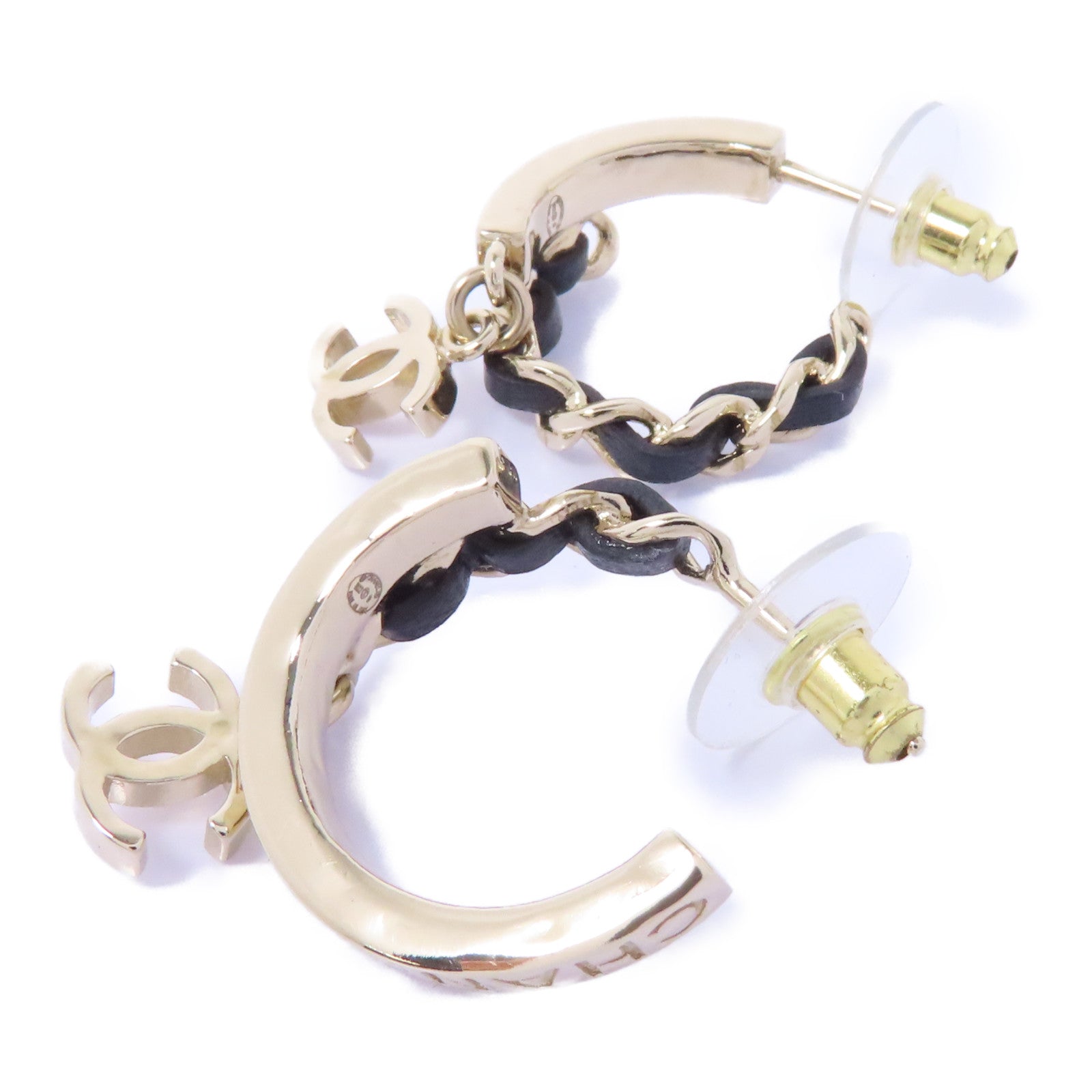 CHANEL 皮革/金屬Earrings耳環金色/黑色