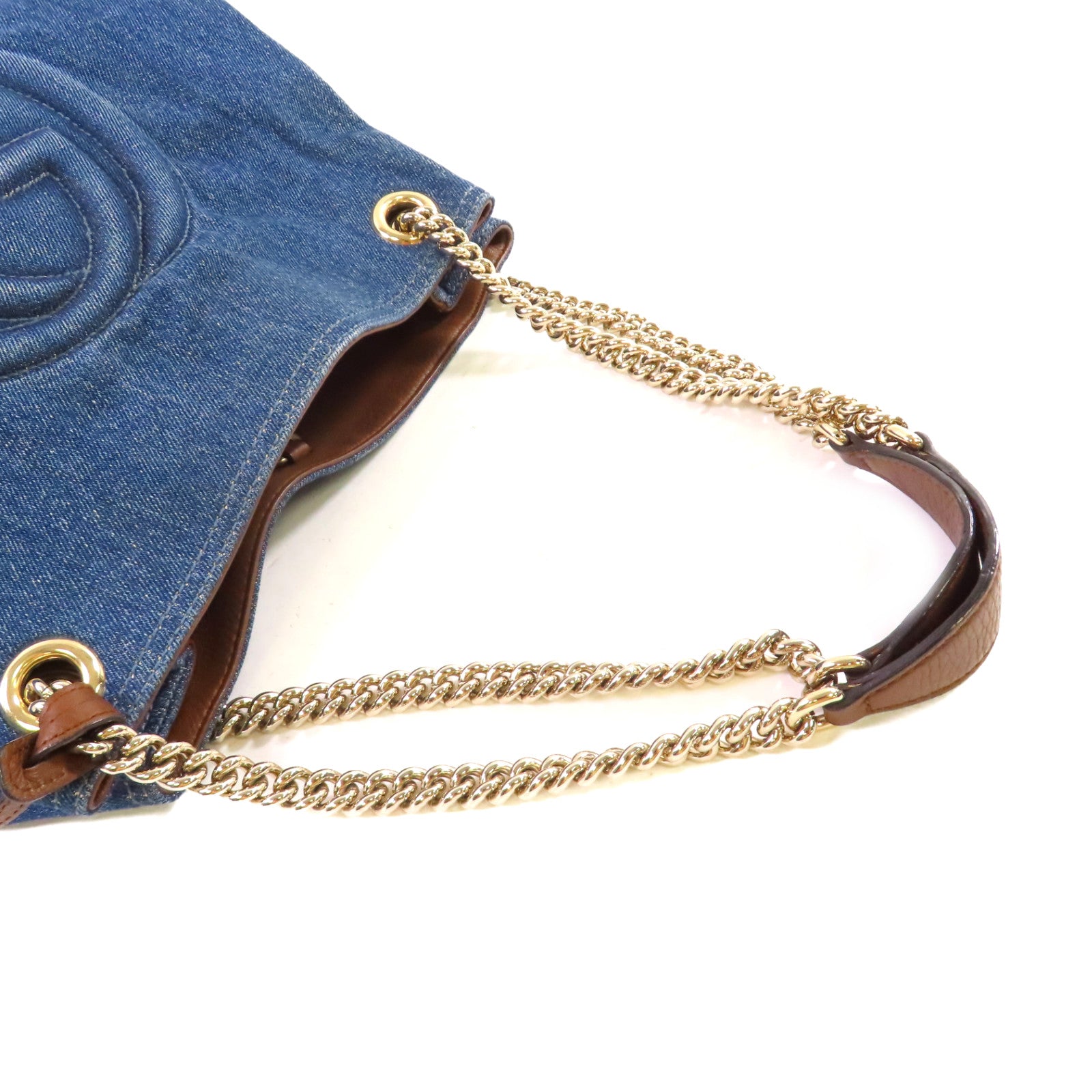 GUCCI 牛仔布Soho Pebbled Chain Shoulder Bag金扣肩背袋藍色/啡色