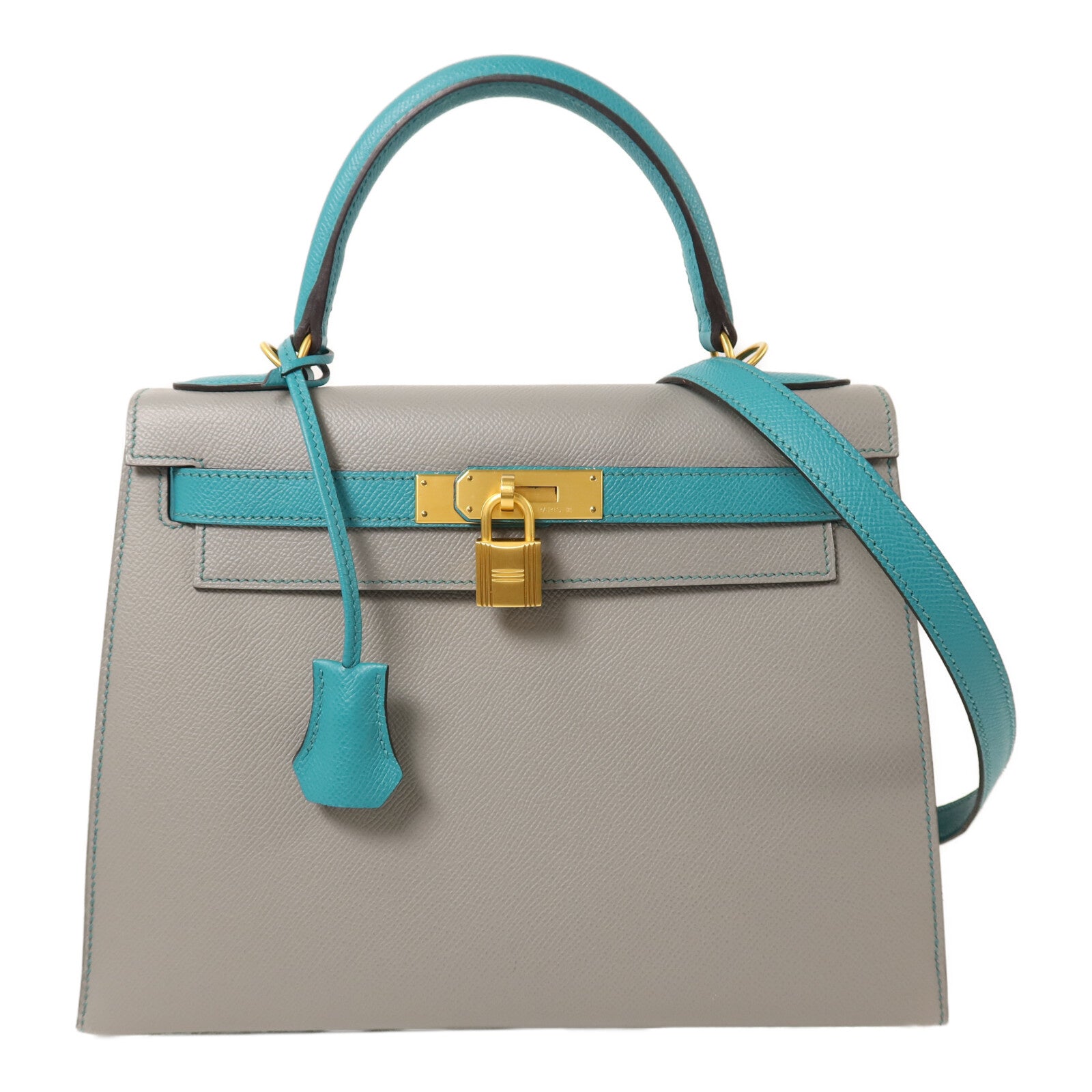 HERMES Epsom皮革Kelly 28金扣手挽肩背兩用袋Gris Mouette/Bleu Paon
