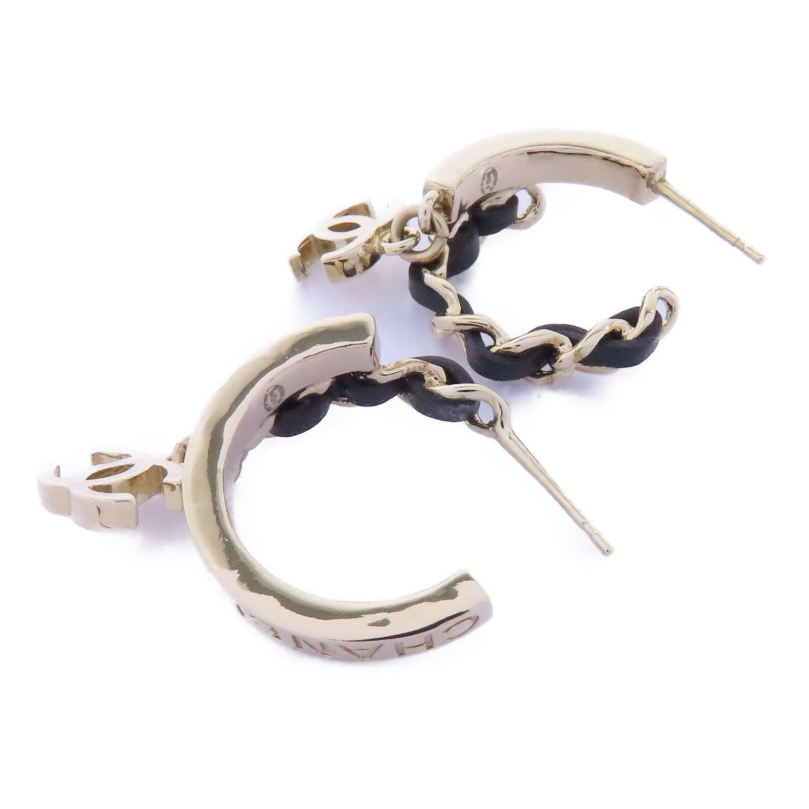 CHANEL 皮革/金屬Earrings耳環金色/黑色