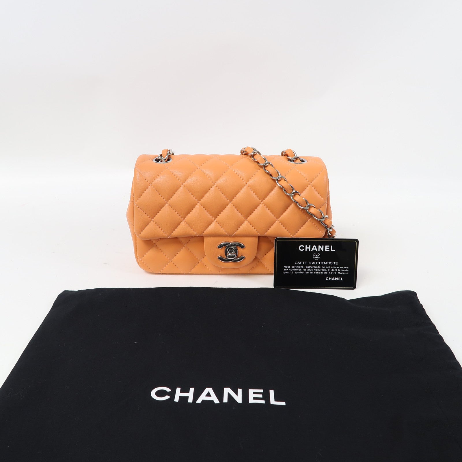 CHANEL 菱格羊皮皮革Classic 20銀扣鏈帶肩背袋橙色