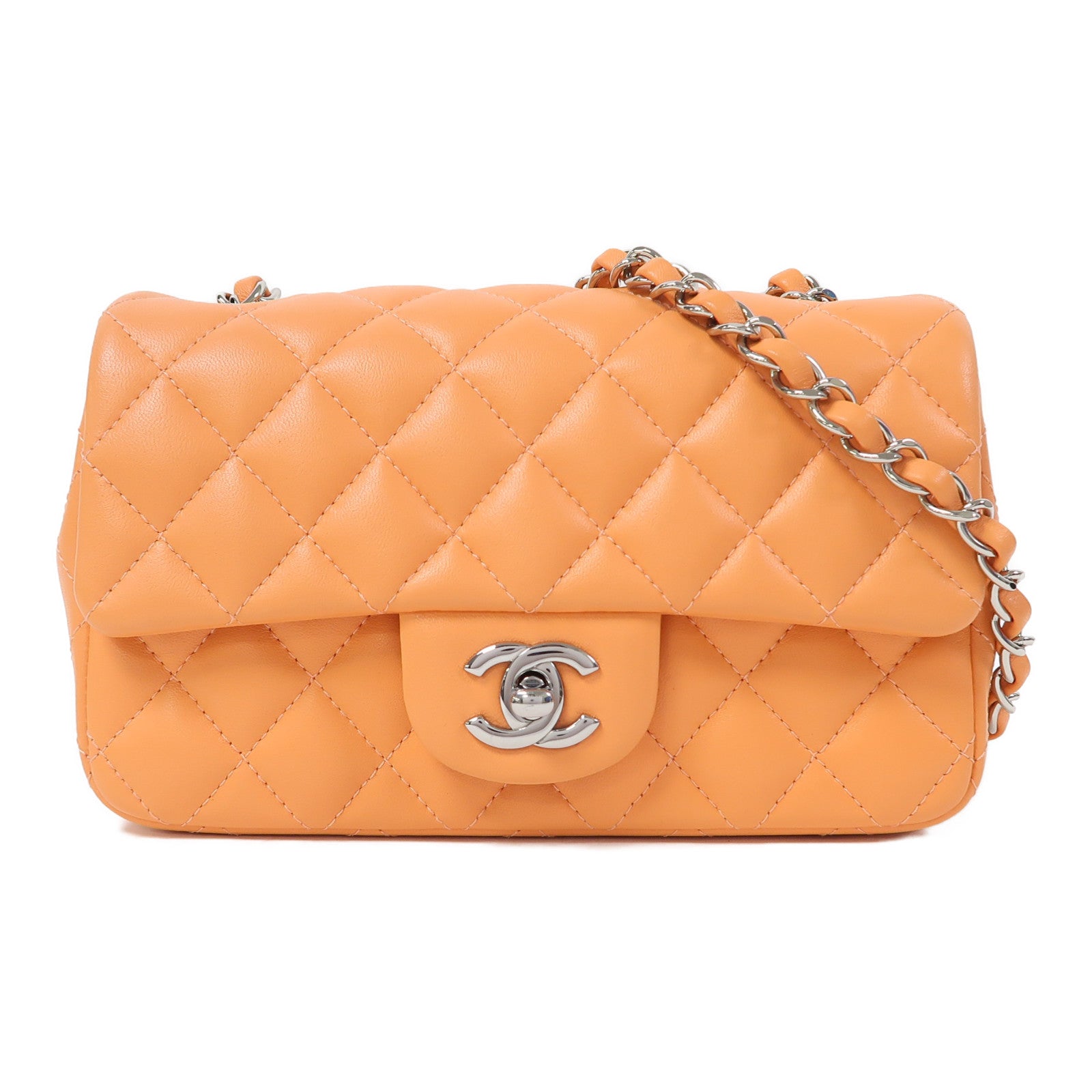 CHANEL 菱格羊皮皮革Classic 20銀扣鏈帶肩背袋橙色