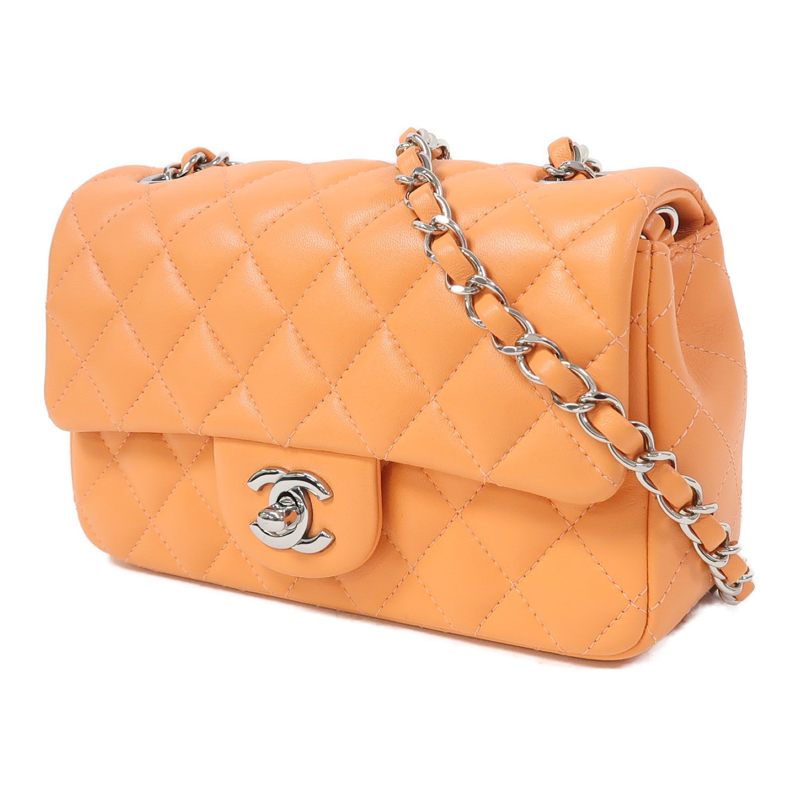 CHANEL 菱格羊皮皮革Classic 20銀扣鏈帶肩背袋橙色