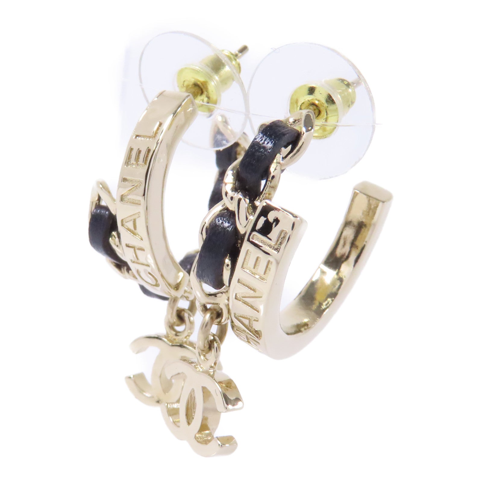 CHANEL 皮革/金屬Earrings耳環金色/黑色