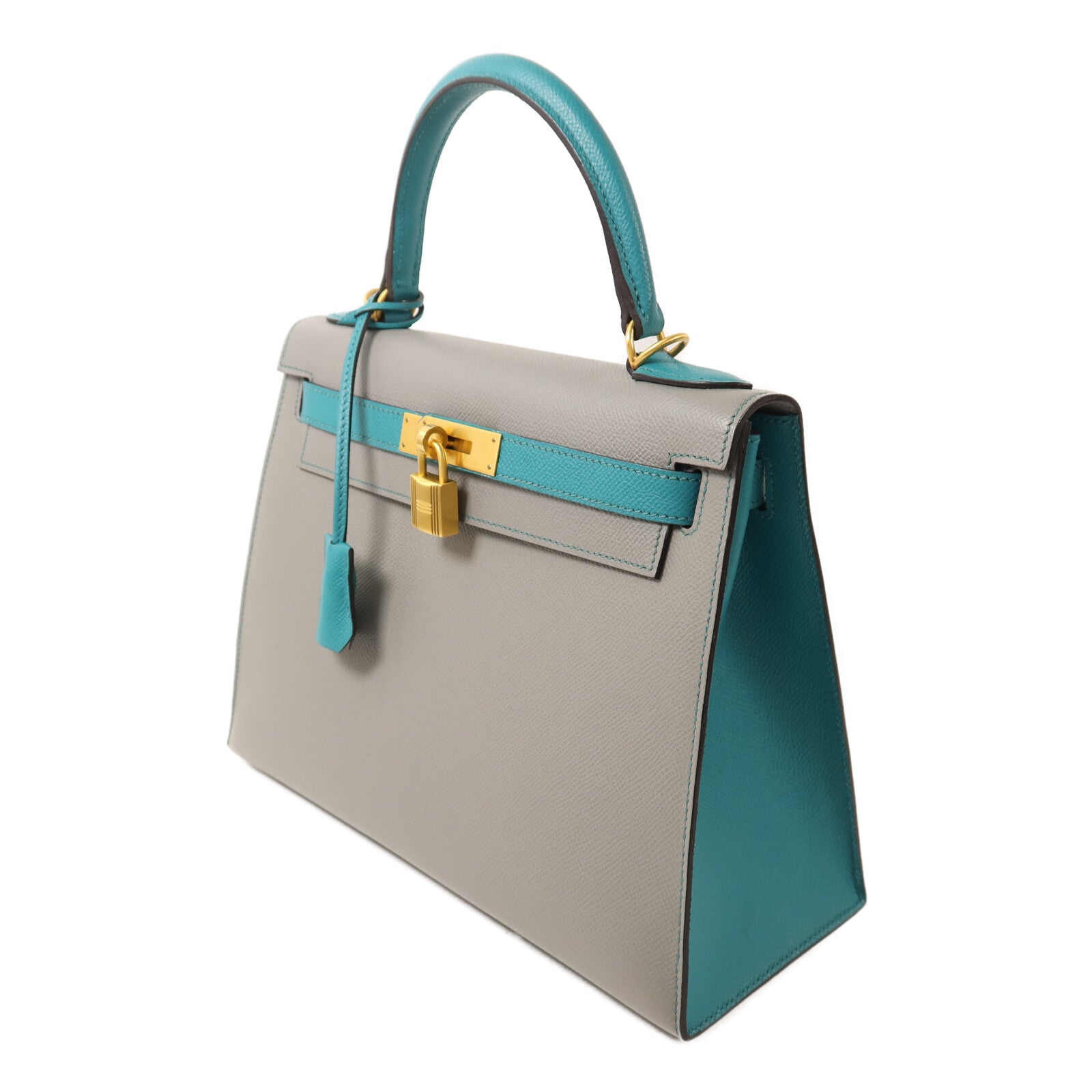 HERMES Epsom皮革Kelly 28金扣手挽肩背兩用袋Gris Mouette/Bleu Paon