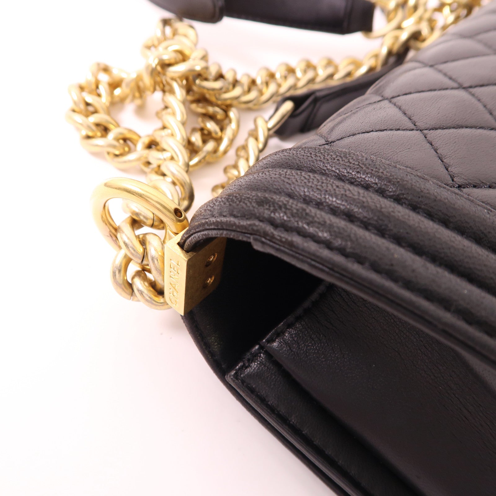 CHANEL 牛皮皮革Boy 25金扣鏈帶肩背袋