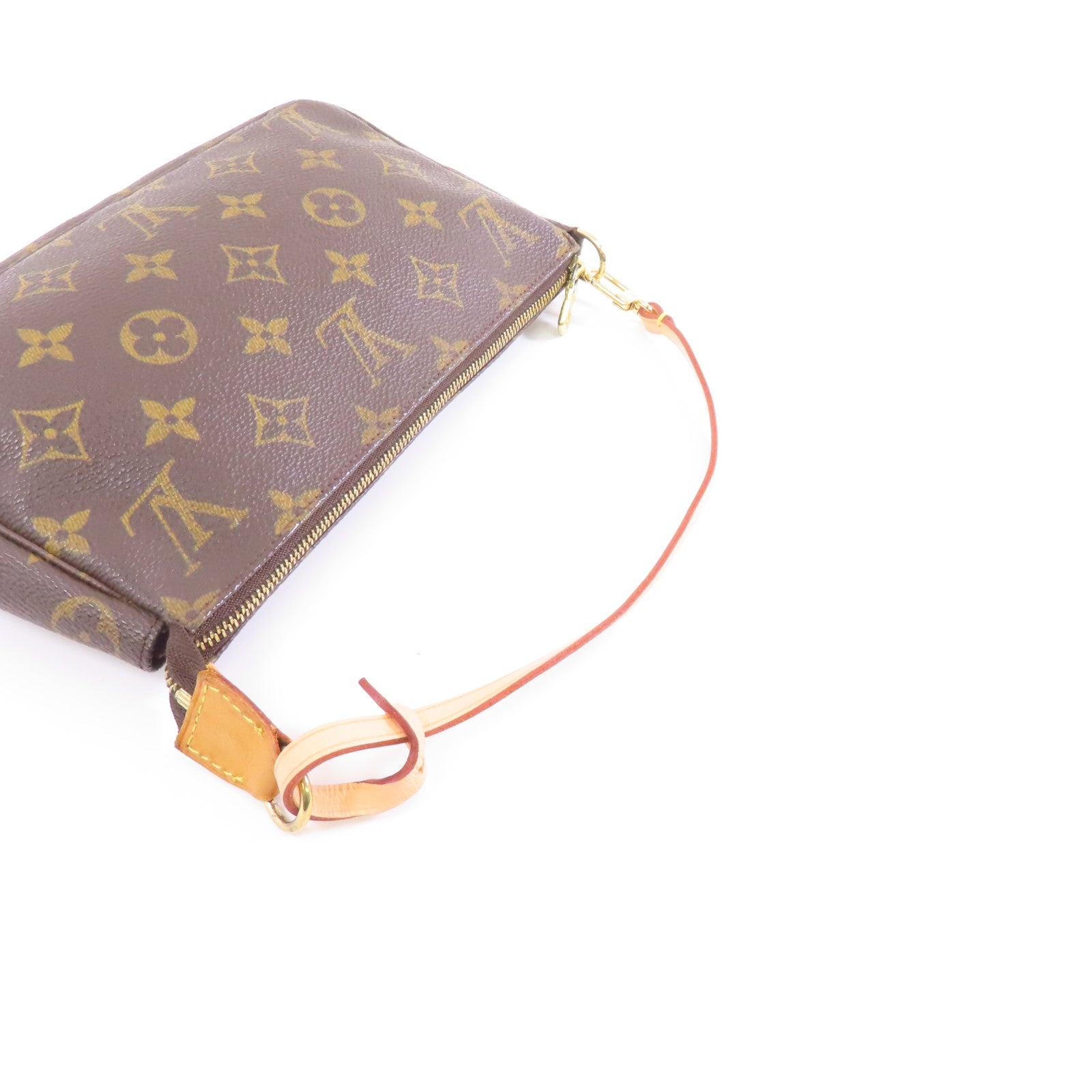 LOUIS VUITTON Monogram Pochette Accessoires金扣手挽袋棕色