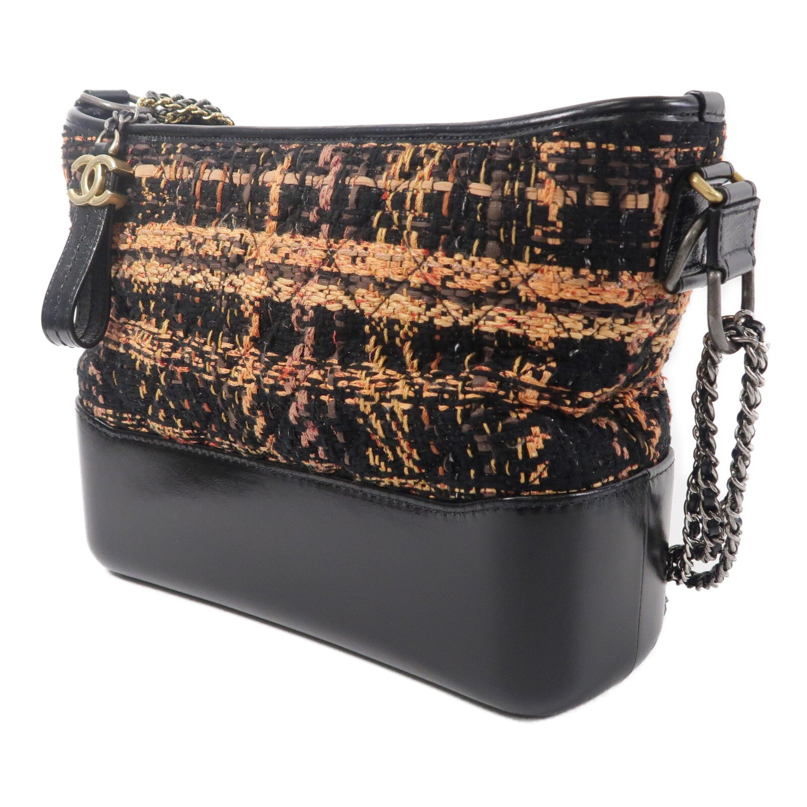 CHANEL Tweed/牛皮皮革Gabrielle Medium鏈帶肩背袋