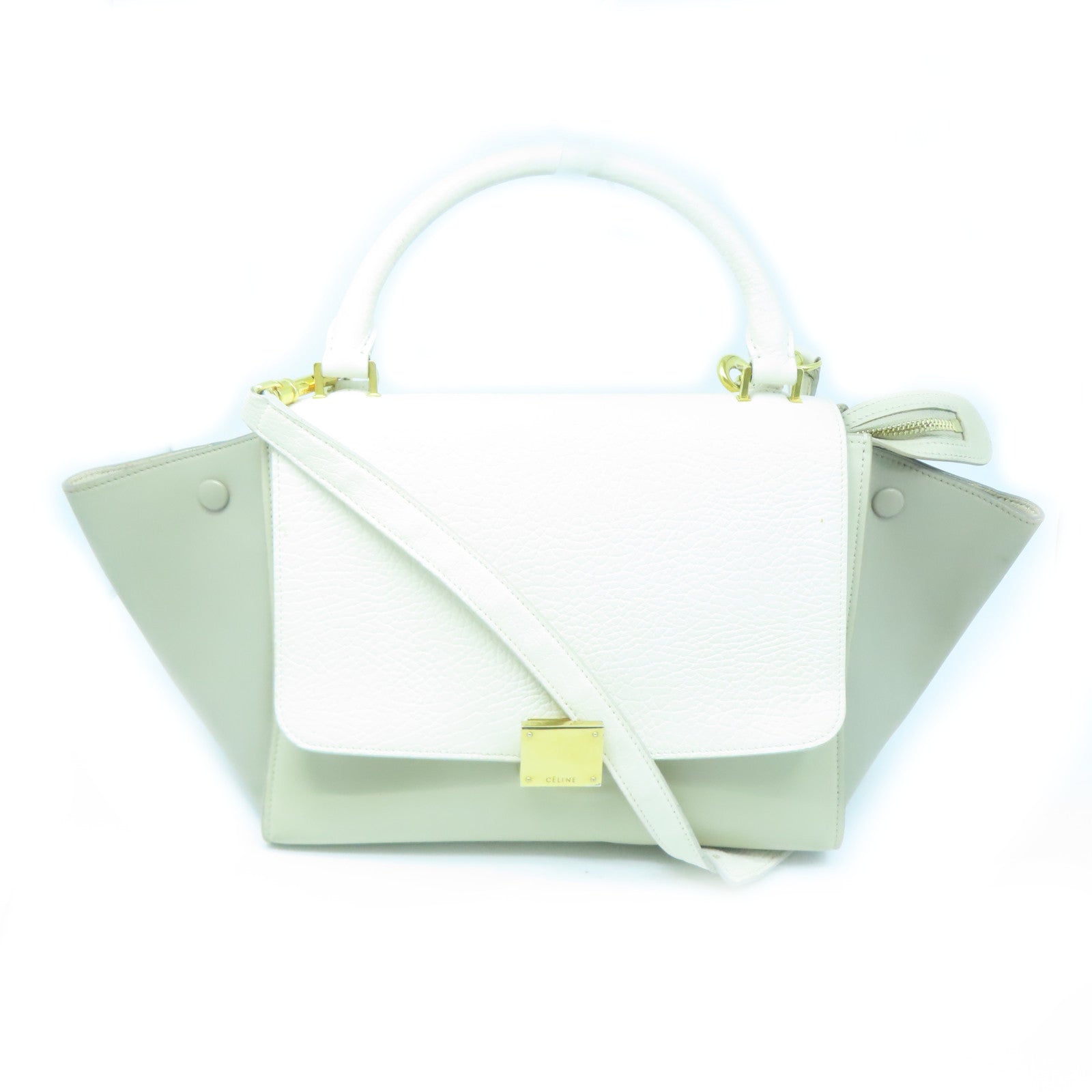 CELINE Cowhide Leather Trapeze Gold Buckle Handle Shoulder Bag White/Gray