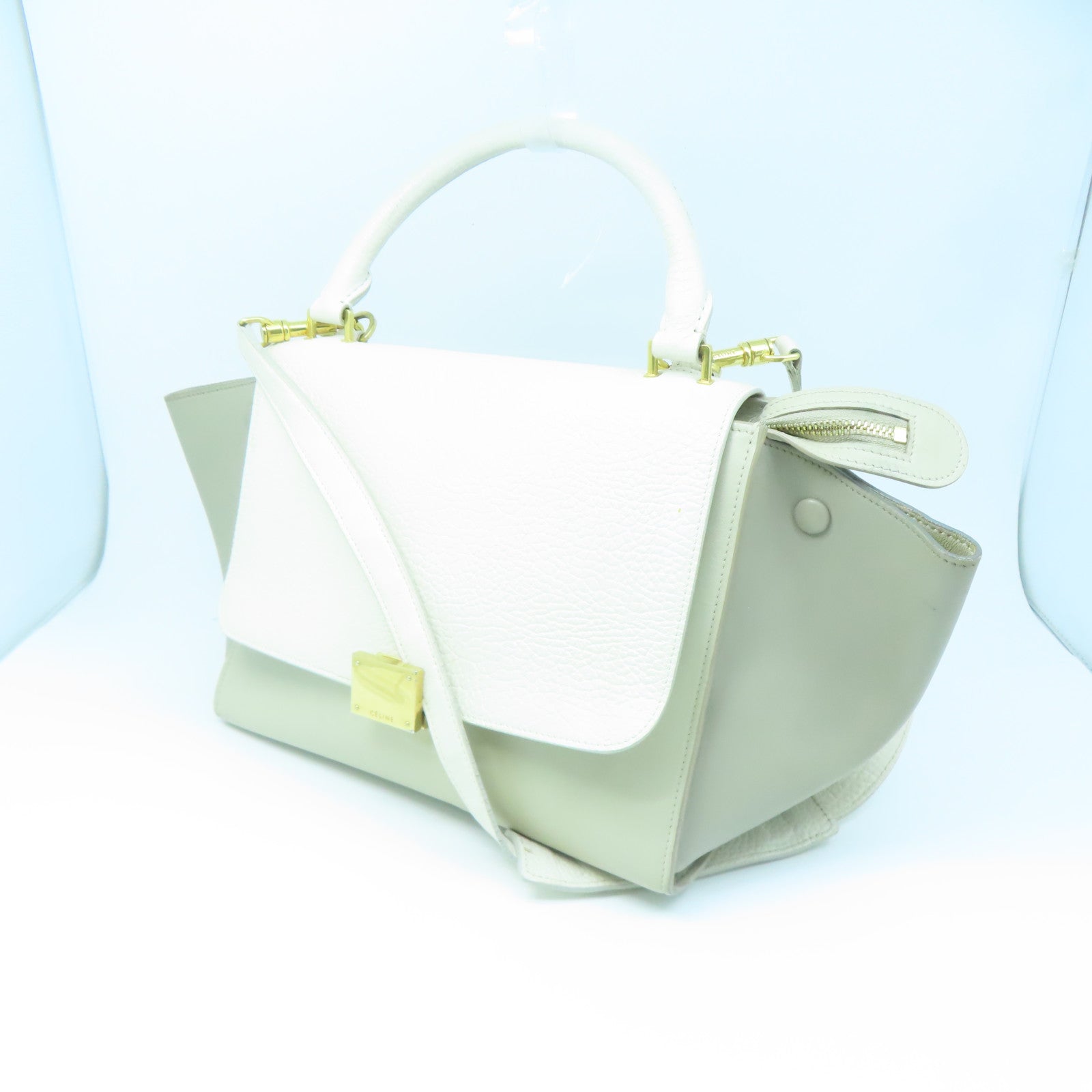CELINE Cowhide Leather Trapeze Gold Buckle Handle Shoulder Bag White/Gray