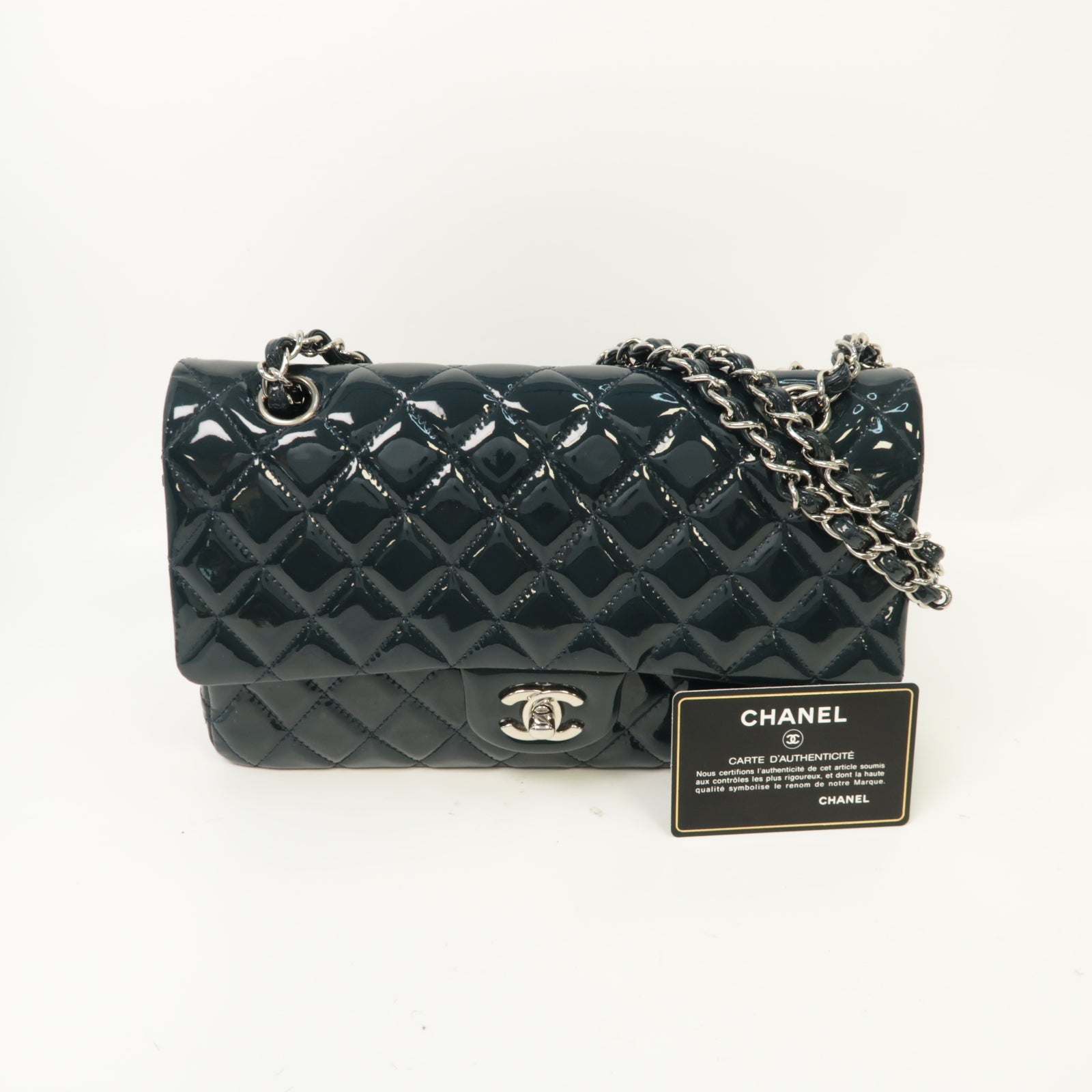 CHANEL 【激減優惠】菱格漆皮皮革Classic Flap 25銀扣鏈帶肩背袋藍色