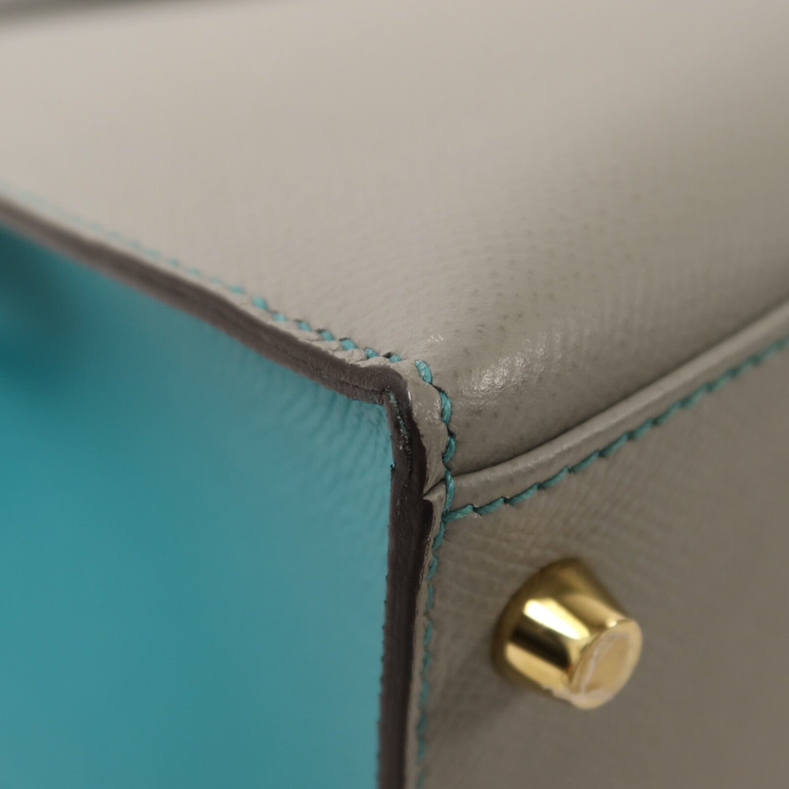 HERMES Epsom皮革Kelly 28金扣手挽肩背兩用袋Gris Mouette/Bleu Paon