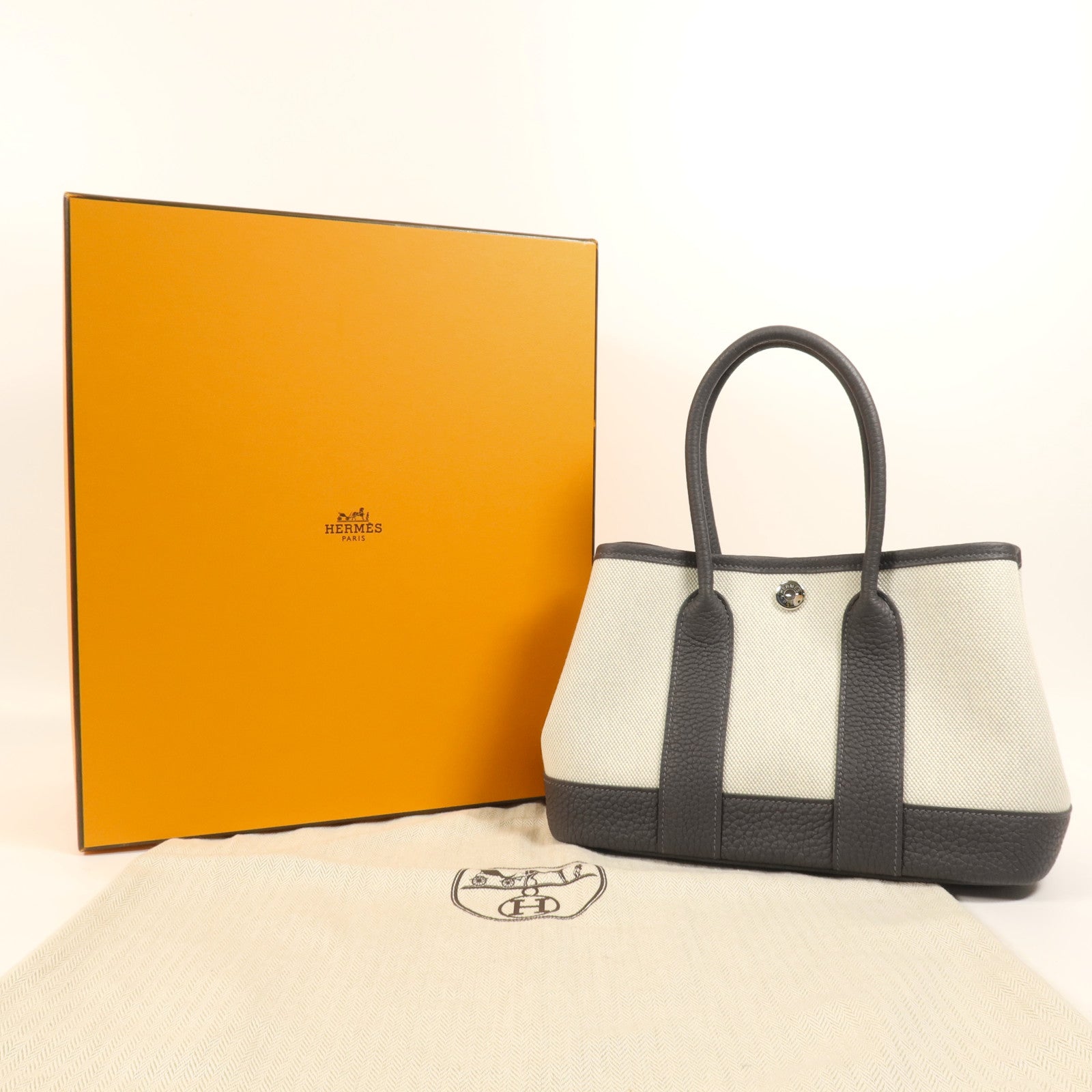 HERMES 帆布Mini Graden Party銀扣手挽袋Ardoise