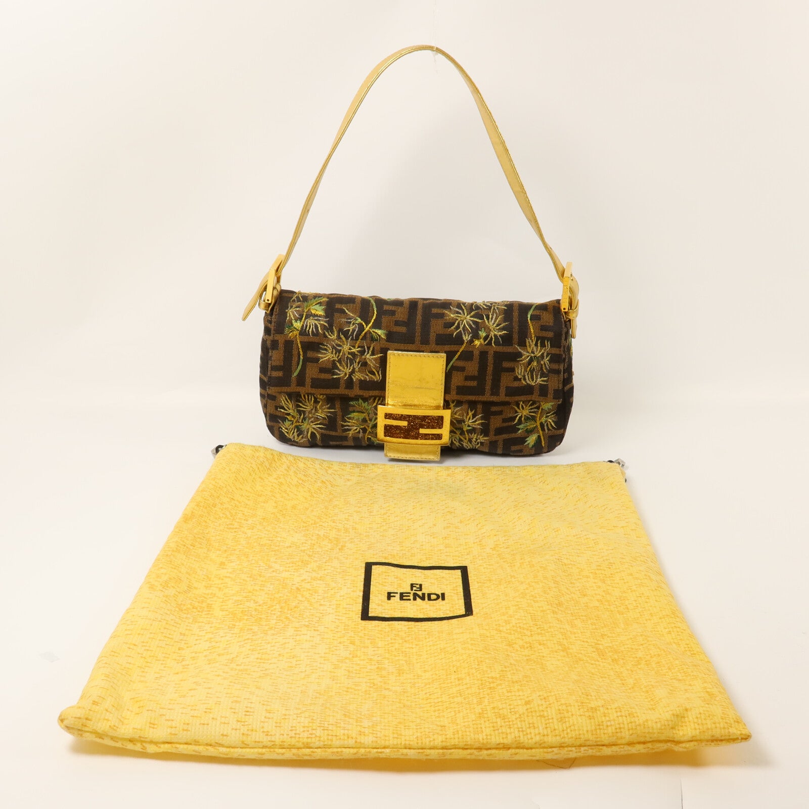 FENDI 帆布Zucca Palm Tree Embroidered Baguette Bag肩背袋