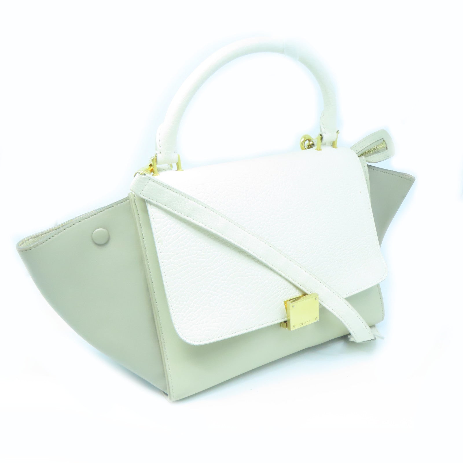 CELINE Cowhide Leather Trapeze Gold Buckle Handle Shoulder Bag White/Gray