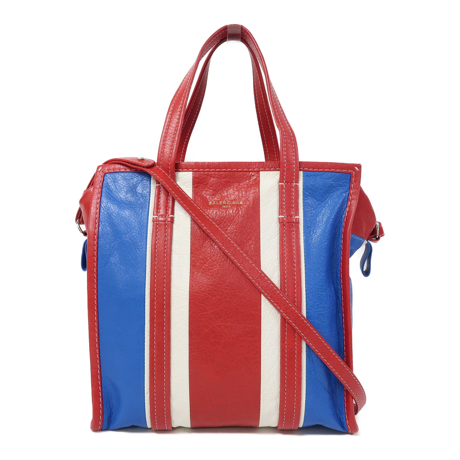 BALENCIAGA 牛皮Bazar Bag銀扣肩背袋藍色/紅色/白色