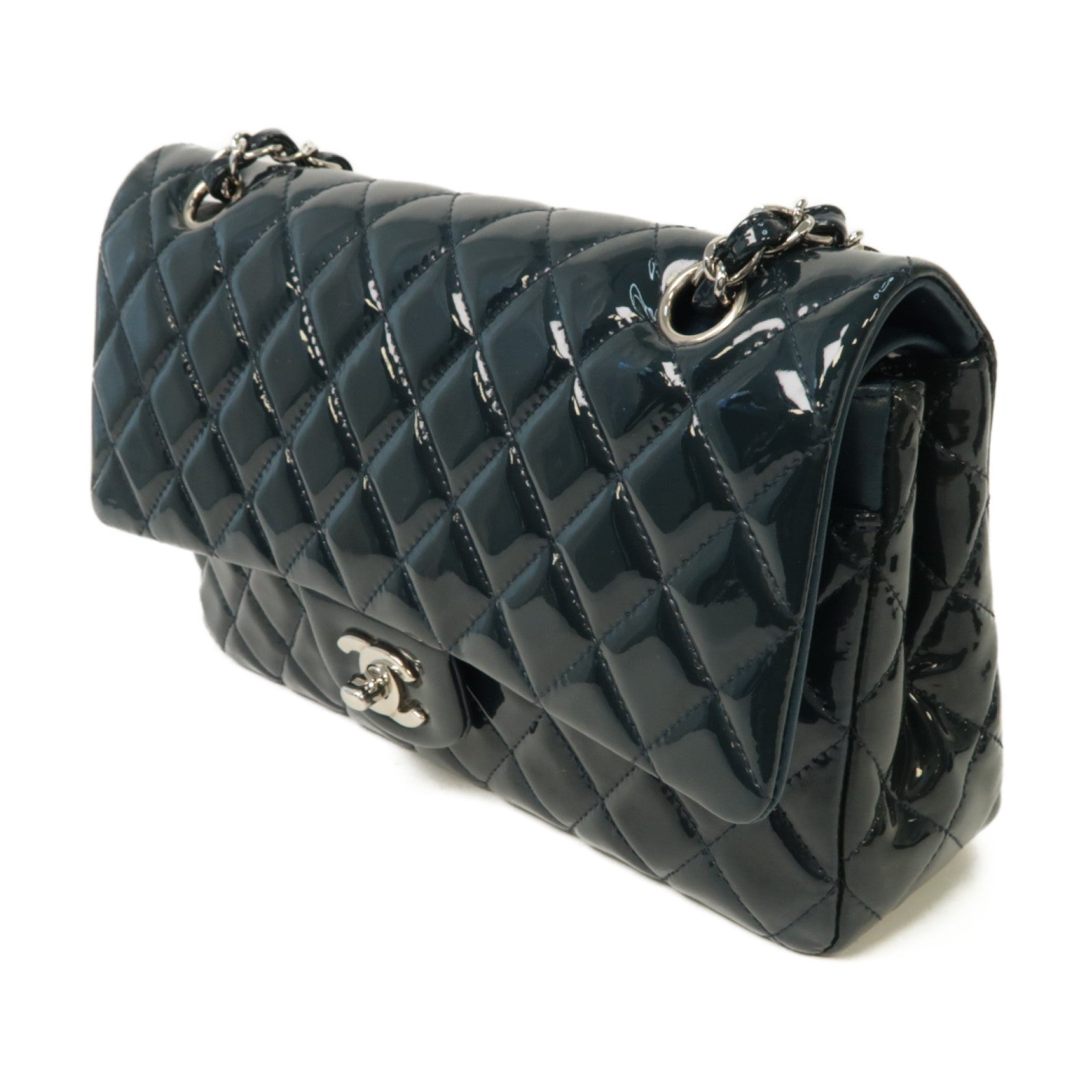 CHANEL 【激減優惠】菱格漆皮皮革Classic Flap 25銀扣鏈帶肩背袋藍色